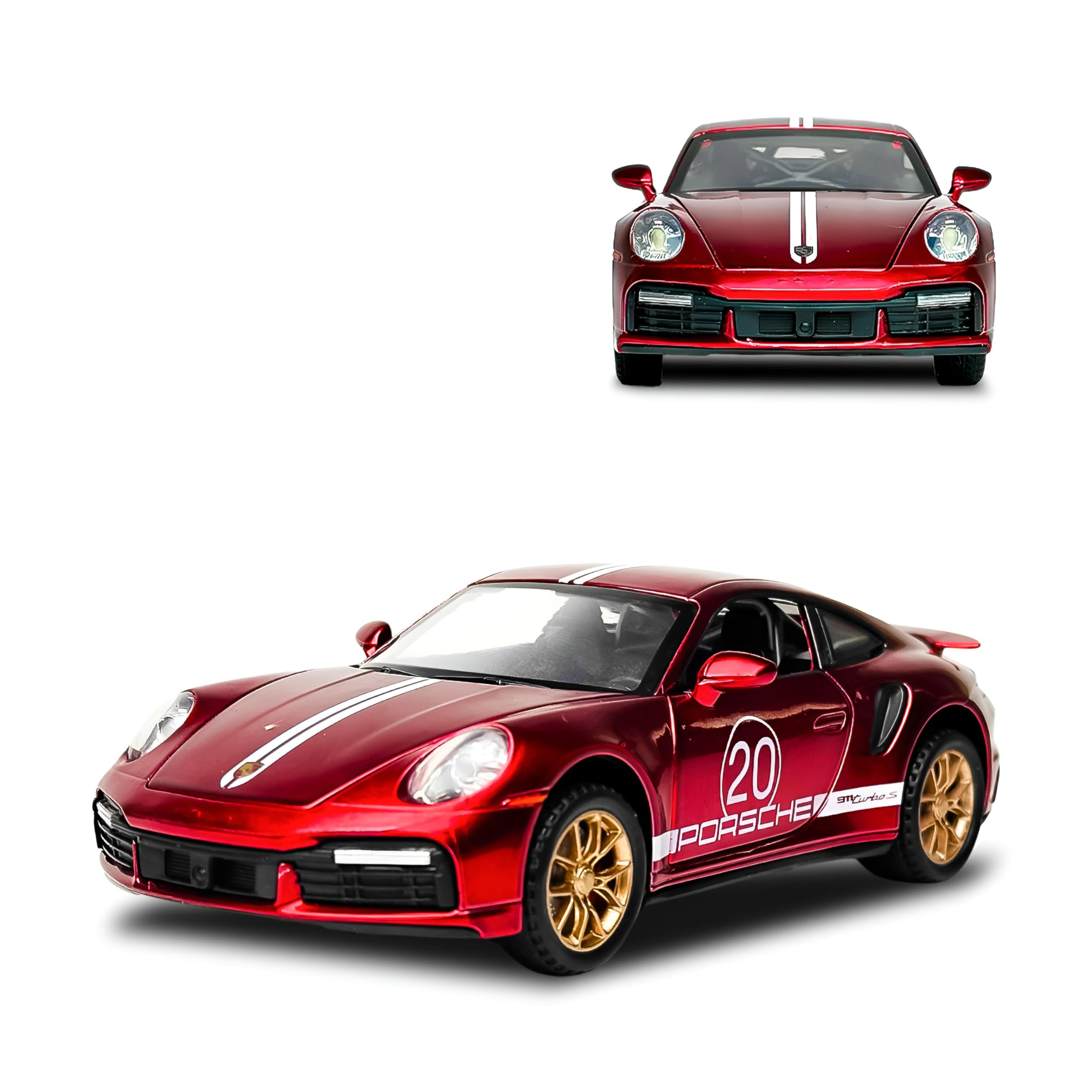 Porsche 911 GT3 Die-Cast Toy Car – 1:32 Scale | Durable Alloy Toy with Openable Doors, Flashing Lights, Musical Sounds, and Pull Back Feature for Kids & Boys (RED)