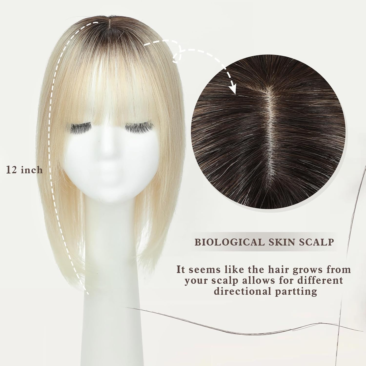 Hair Toppers for Thinning Hair Women Real Hairs ,Hairs Toppers for Women with Bangs Real Human Hairs 12inch Skin Scalp Big Base Cover Thinning or Loss Hari - Image 3