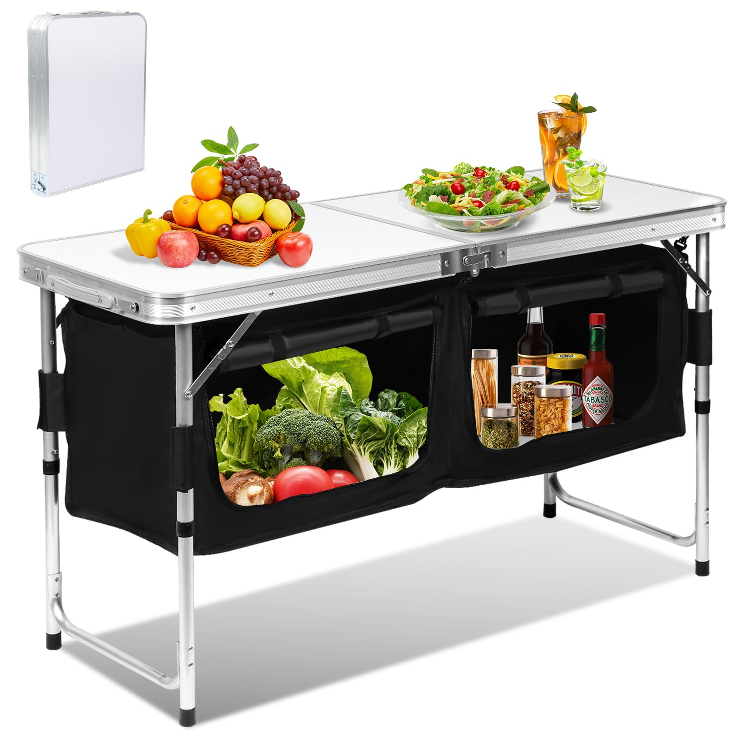 Campingküche Campingschrank Klappbar mit Aluminiumgestell und Staufächer, Küchenbox, Zeltschrank, Outdoor Camping Küche, Küchenschrank, Reiseküche für Camping, Gartenparty, Picknick