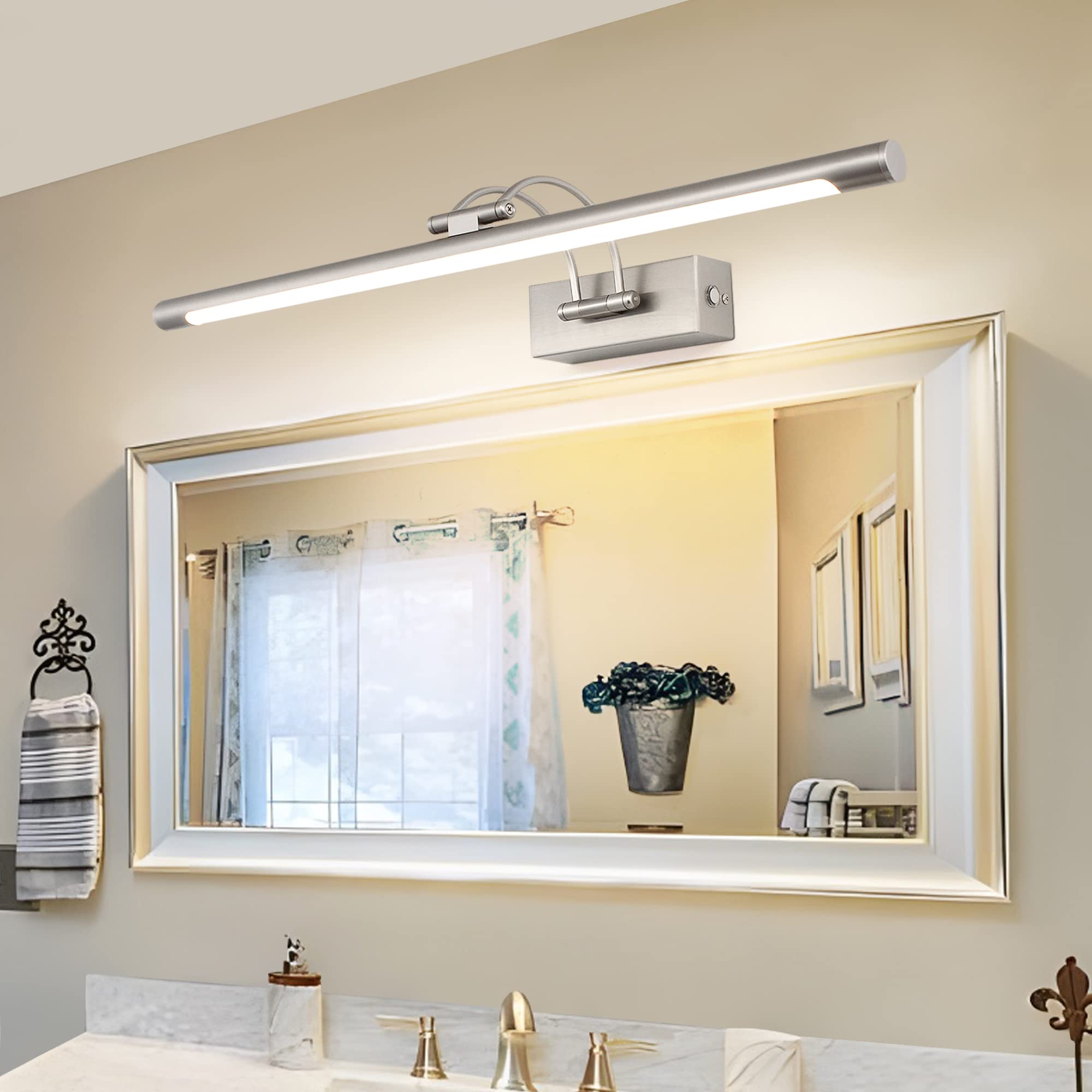 MantoLite LED Regulable Lámparas de Pared 15W,60CM Interior Iluminación para cuadros y expositores Cabeza Giratoria Lectura Lámpara,Latón Níquel Baño Espejo Apliques de Pared 3000K/4000K/6000K