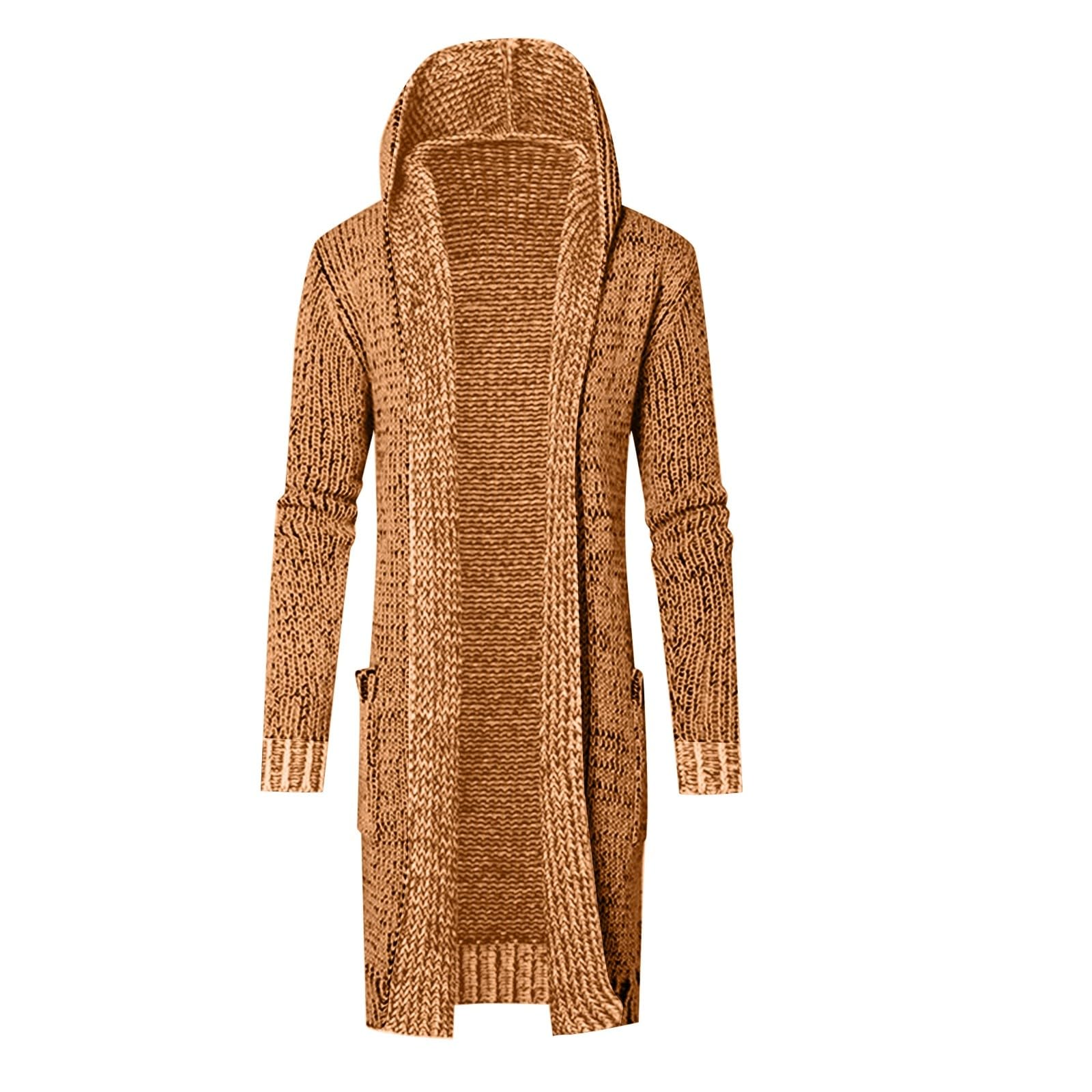 Cardigan da uomo in cotone, lungo, a maglia grossa, elegante, tinta unita, con cappuccio, con bottoni, per l'inverno