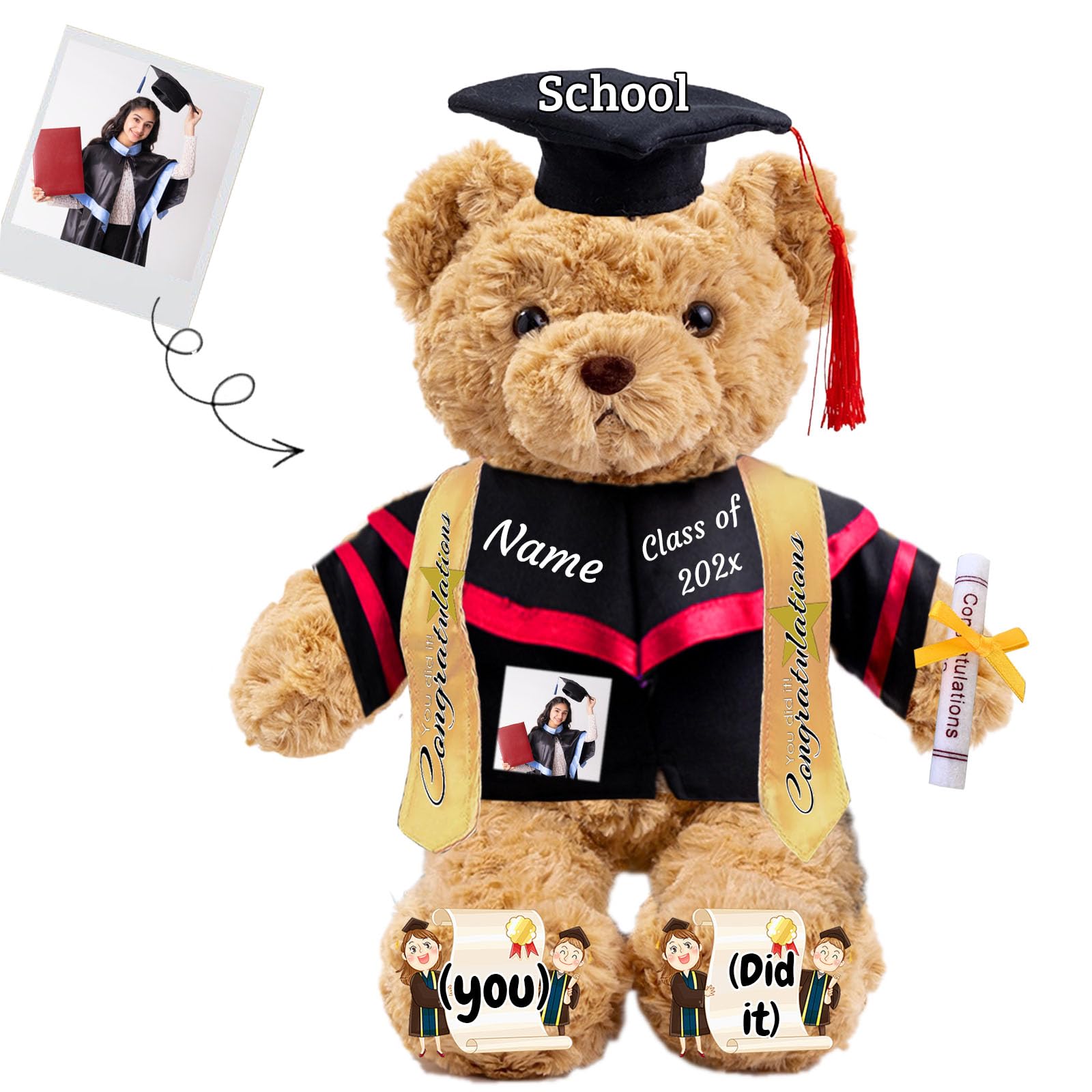 JABECODIFA Graduation Gifts 2026 Teddy Bear with Text+Photo, Personalised Bear Plush Toys as Graduation Gift for Her Him as High School College Kindergarten Grad Day (11 IN-Text+Photo)