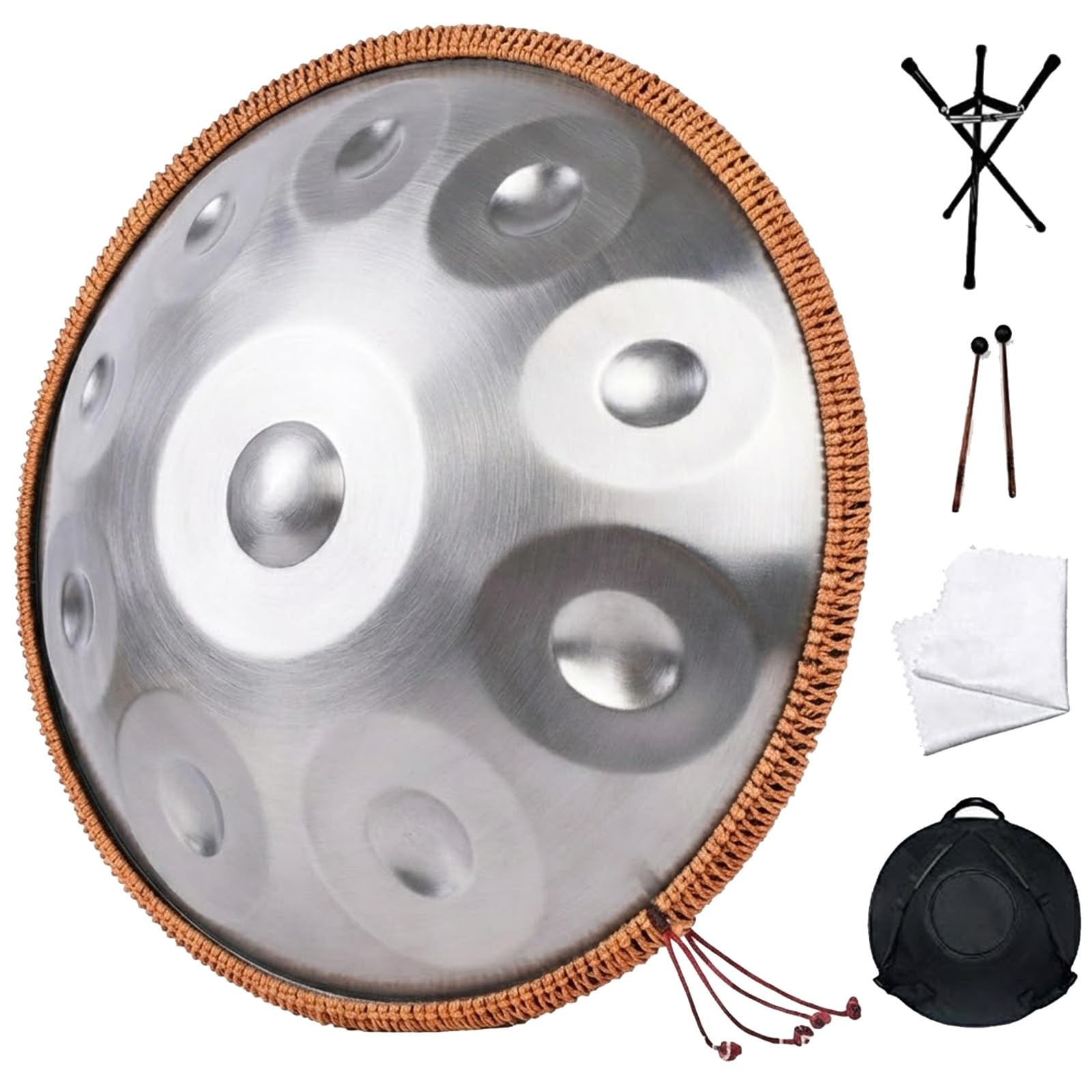 Hand Pan, Steel Handpan Drum, 18/22" D Minor Kurd 440Hz 9/10/12 Note, con Custodia, Supporto, 2 Bacchette, Adesivi per Note Musicali, per Principianti, Meditazione(D'argento,440HZ/22inch/14Note)