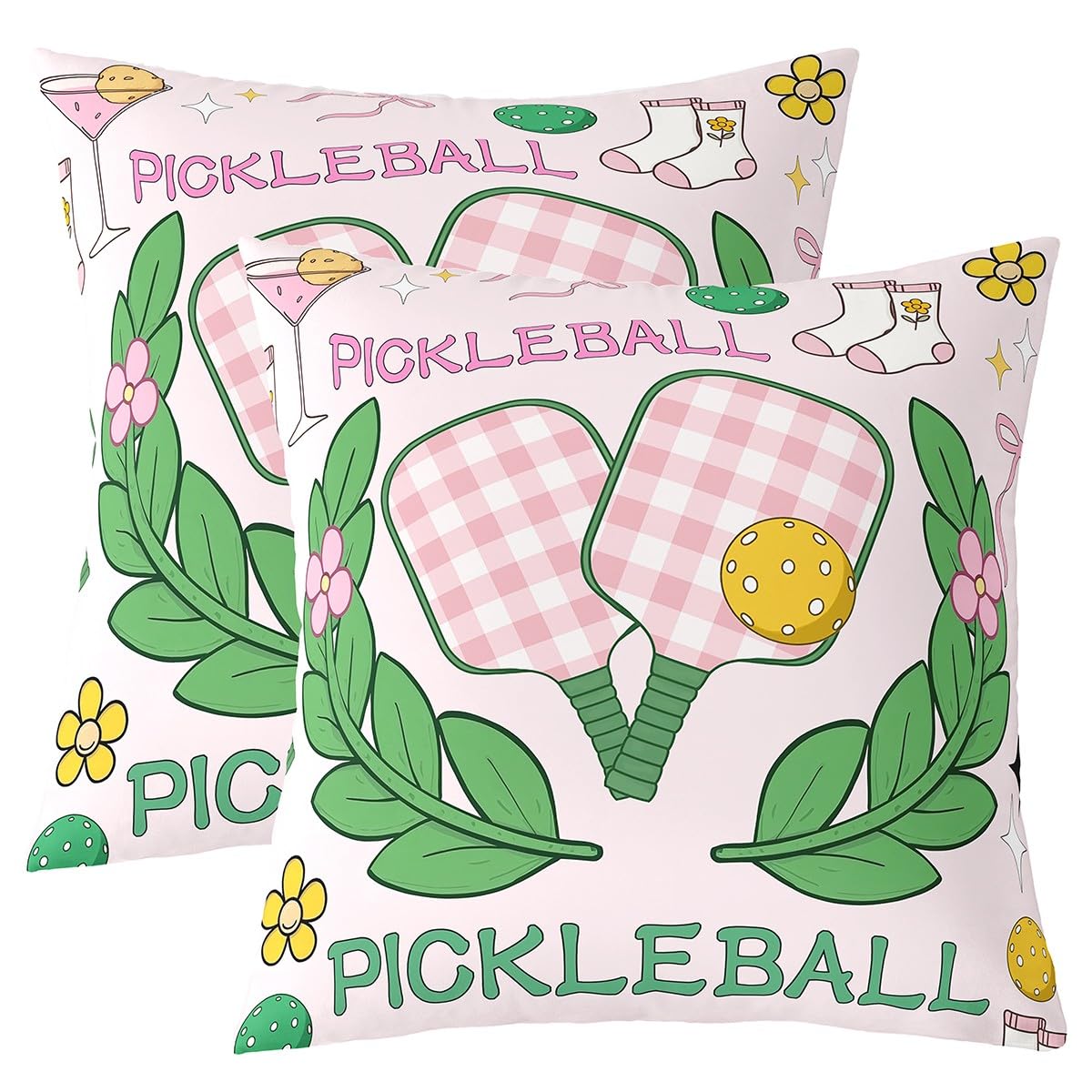 Girls Pickleball Pillow Covers 16"x16" Set of 2,Sport Ball Game Reversible Throw Pillow Covers,Cartoon Ball Athlete Clothing Pillow Cases for Kids Boys Teens,Cute Flowers Leaves Cushion Covers