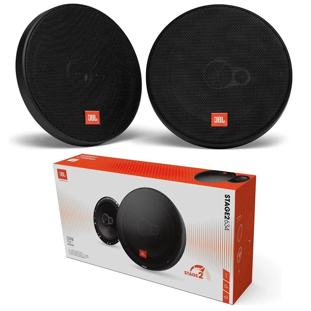 KIT Set pour JBL STAGE2 634 2 Enceintes coaxiales 3 Voies 6,5" 16,5 cm 165 mm 40 Watts rms 250 Watts Max impédance 4 ohm 91 DB pour Voitures Noir, Paire