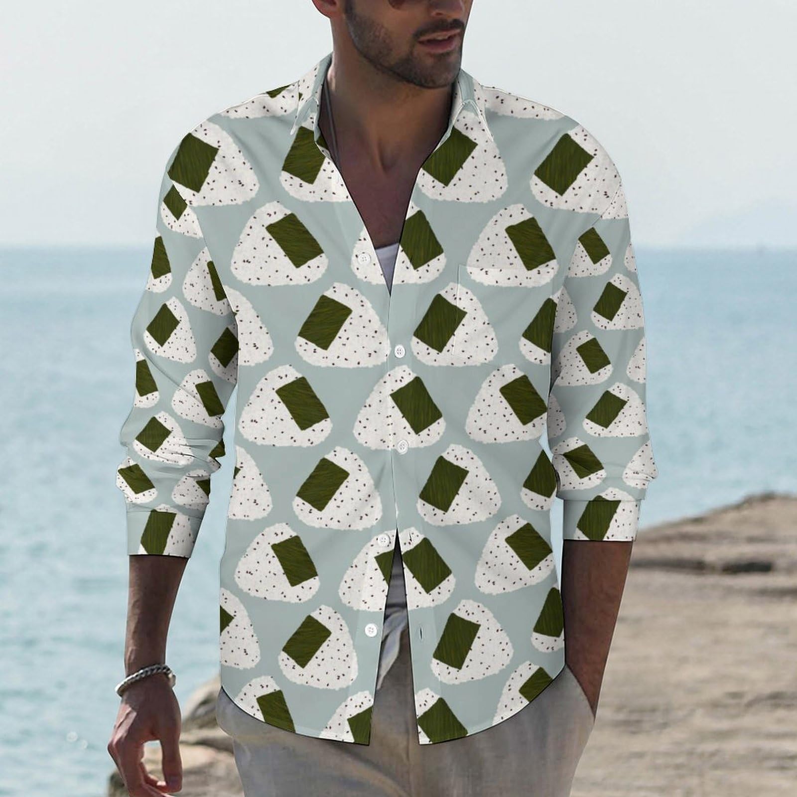 Amazon.co.jp: おにぎり柄 おむすび 和風 寿司 メンズ 長袖 シャツ