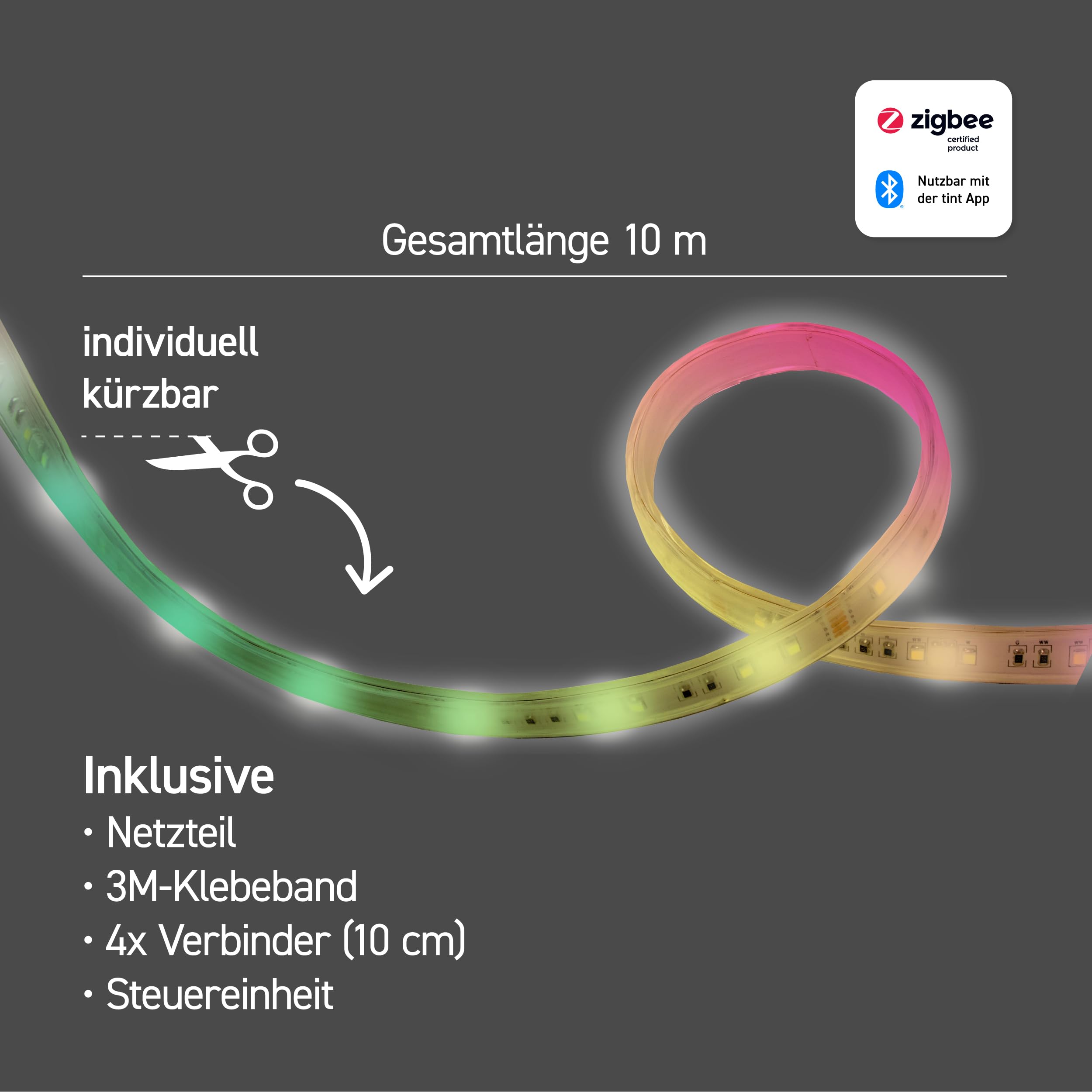 tint Smarter LED Strip Streifen, weißes & farbiges Licht RGB für indirekte Beleuchtung, Farbwechsel, 10m Länge, 36W, 6 vorprogrammierte Lichtszenen, Bluetooth+Zigbee, funktioniert mit Alexa