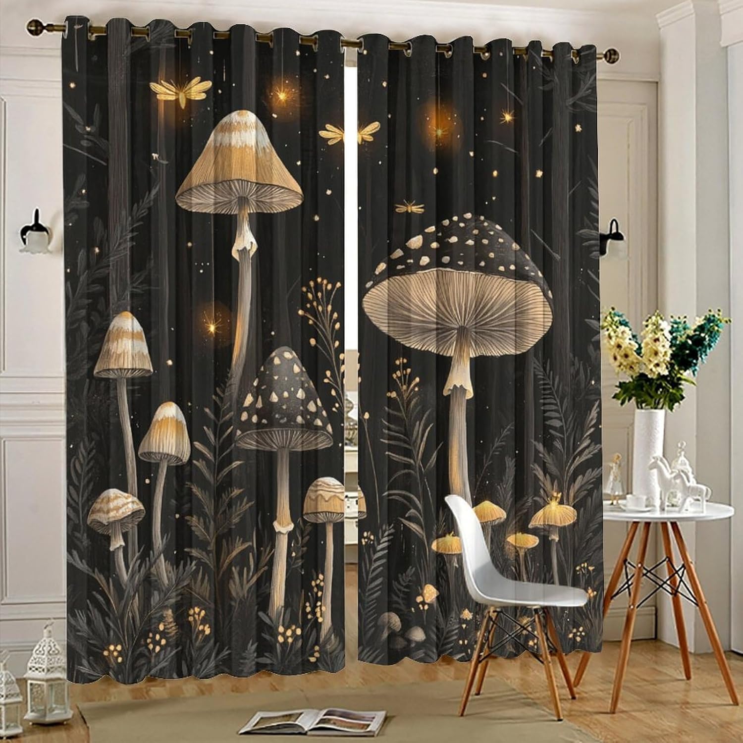 Enchanted Mushroom Forest Grommet Blackout Curtains for Bedroom, Rustic Floral Tree Star Sky Thermal Insulated Curtains Room Darkening Window Drapes, 21W x 45L, 2 Panels