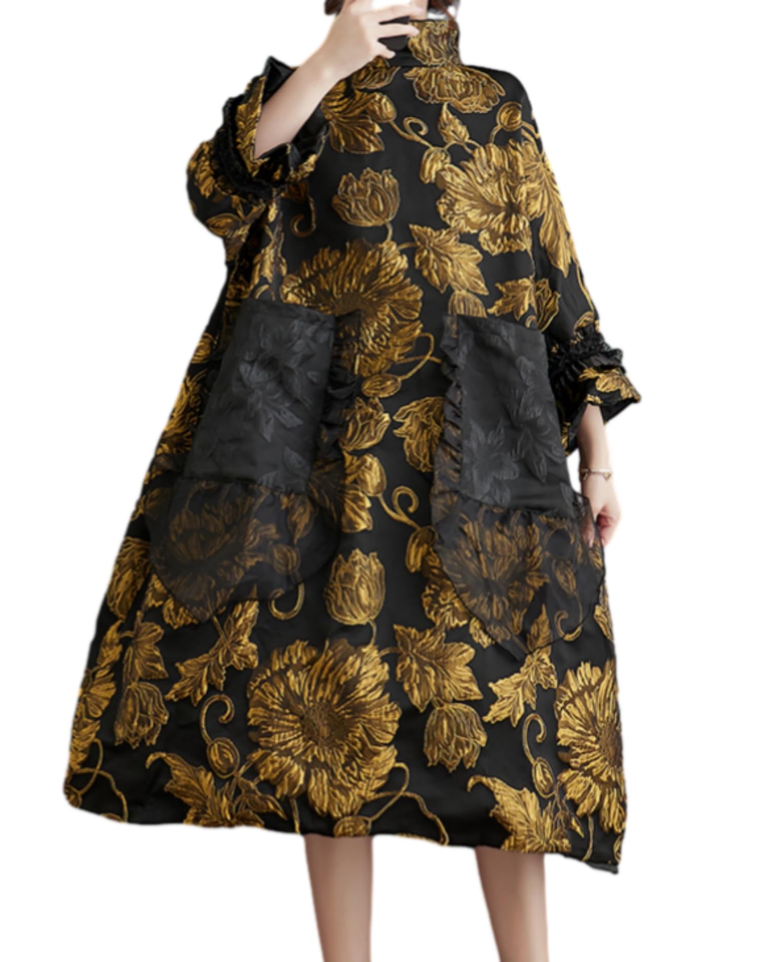 ellazhu Womens Printed Patchwork Mock Neck Flared Cuffs Dress GZ94 A
