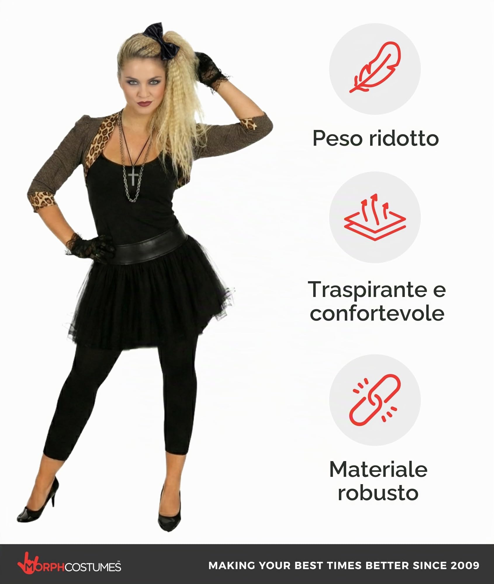 Fun Shack Costume Donna Anni '80 – Vestito Cantante Pop con Gonna Tulle, Giacca Leopardata e Accessori – Abito Carnevale, Festa a Tema, Look Vintage Anni '70 '84 XL