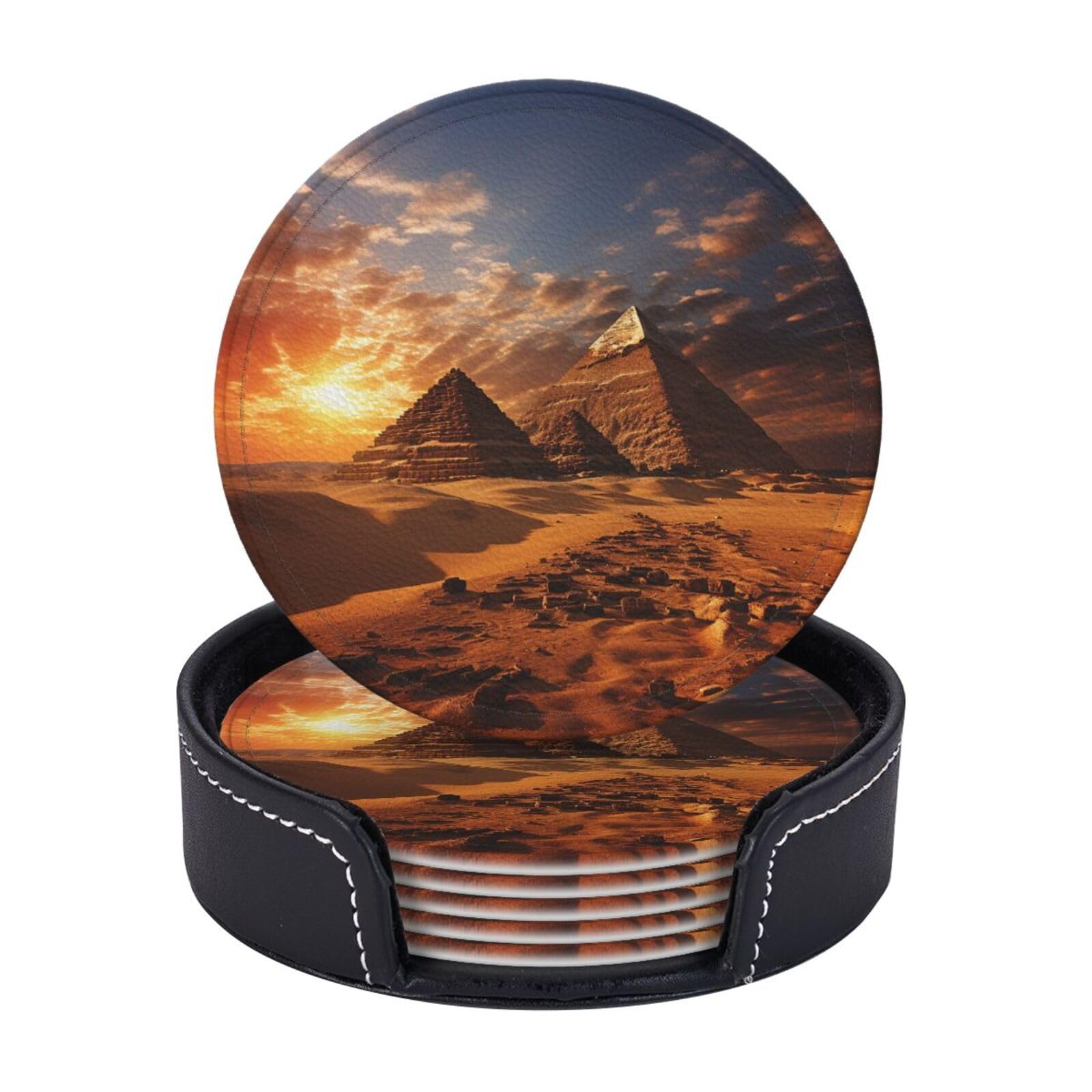 6Pcs PU Leather Coaster for Drinks, Egyptian Pyramids Cup Coasters with Holder, Aesthetic Drink Coasters for Coffee Table, Round Coaster for Tabletop Protection 4" Cup Mat Pad
