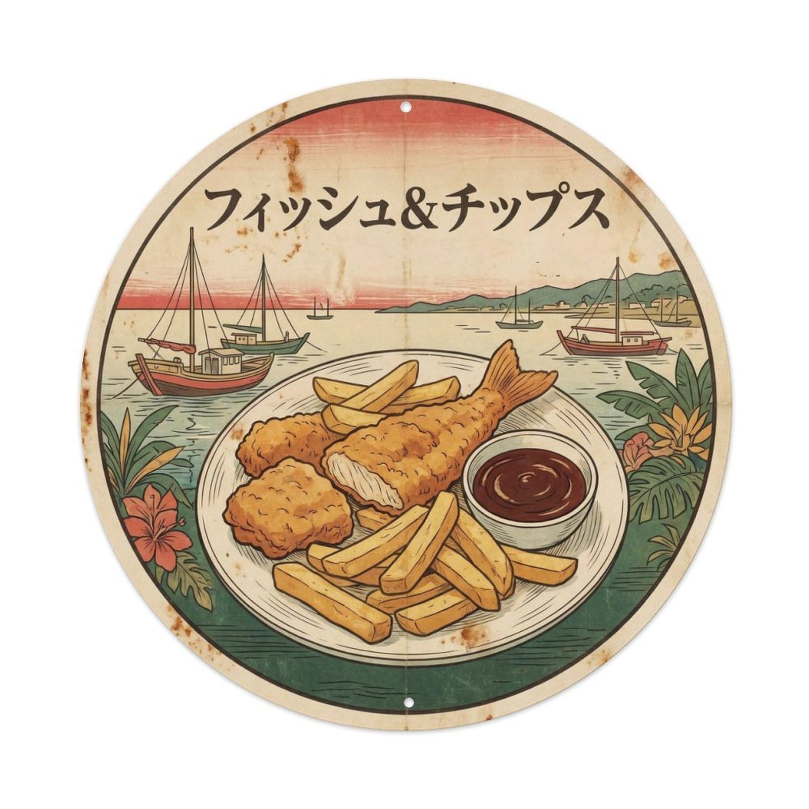 Seafood Chips Takeaway Culture Retro Woodblock Regional Metal Tin Sign