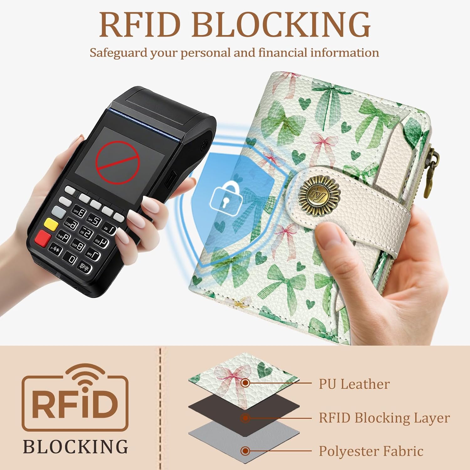 Sage Green Bow Small Wallet Women RFID Blocking Bifold, Cute Credit Card Holder, Zipper Coin Pocket, PU Leather, Compact, Travel, 4 ID Window, 14 Card Slots, Cash Purse, Ladies Woman Female - Image 3