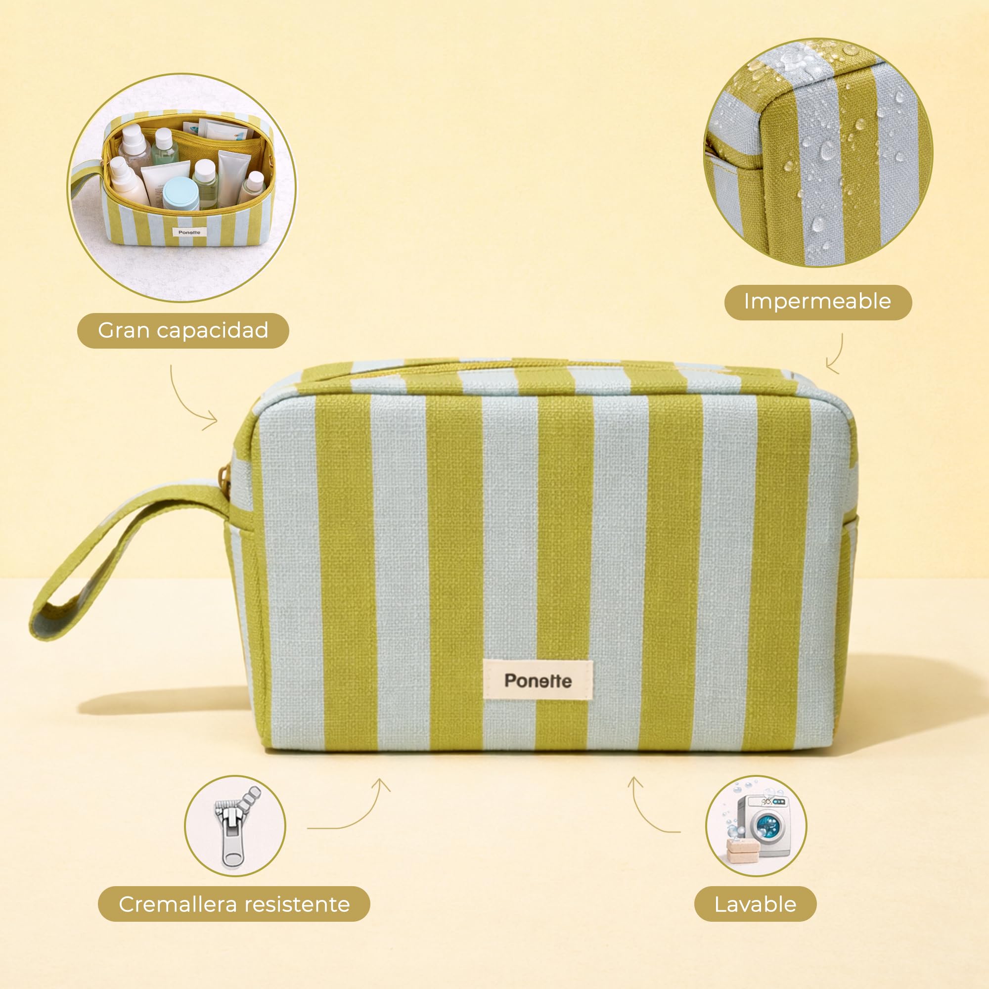 PONETTE - Neceser Menorca – con Cremallera Resistente y asa – Gran Capacidad, Plegable y Ligero – Diseño Actual a Rayas – Bolsa de Aseo Playa, Piscina, Viaje, Gimnasio y Uso Diario – Marca Española