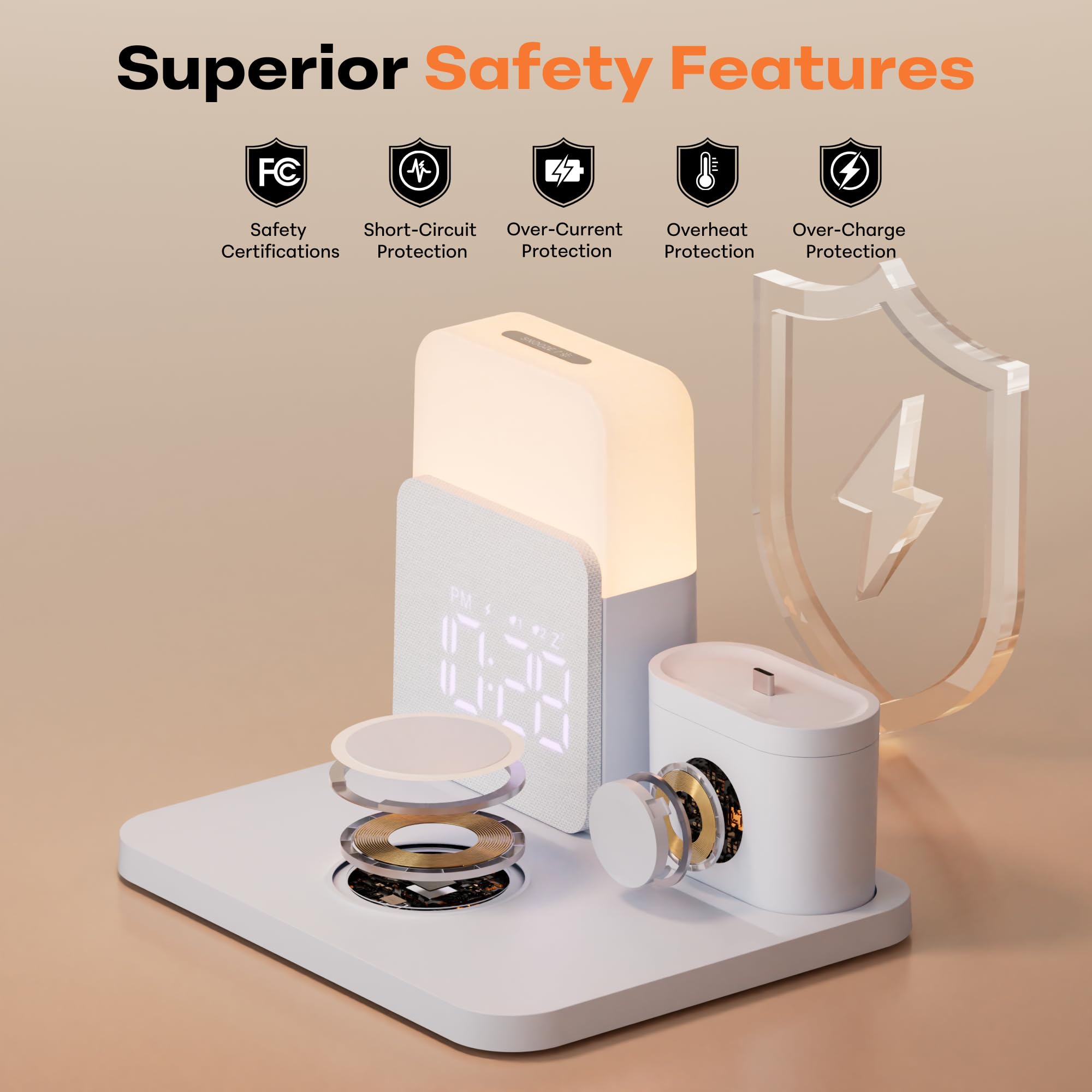 COLSUR Stazione di ricarica wireless 6 in 1, caricabatterie wireless magnetico da 25 W con sveglia, luce notturna, supporto caricabatterie wireless per iPhone 16 15 14 13 12 11 X Pro Max, Apple Watch