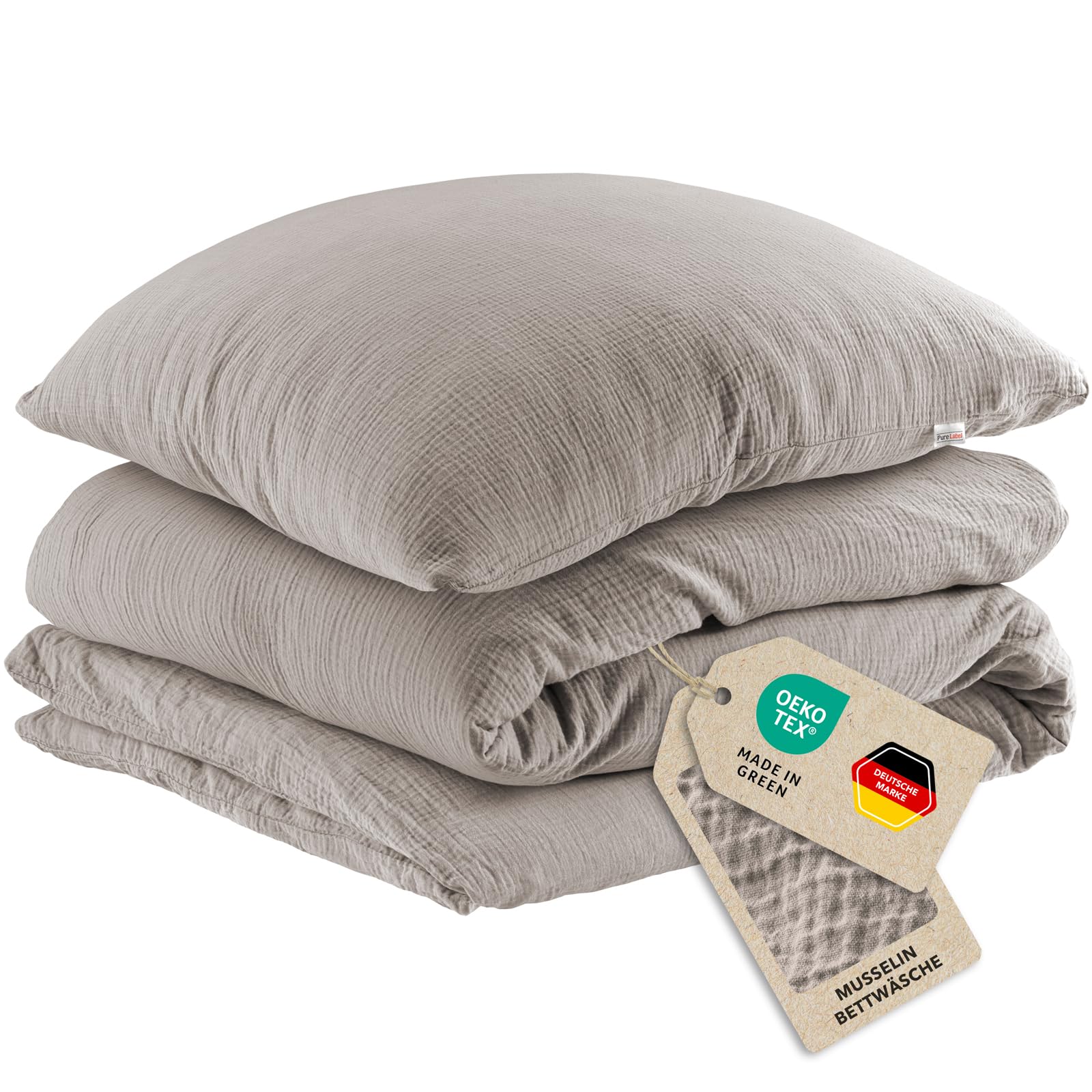 Pure Label Musselin Bettwäsche 135x200+80x80 cm 100% Baumwolle - Taupe | Traumhaft weiche, kuschelige Bettwäsche-Sets aus Musselin
