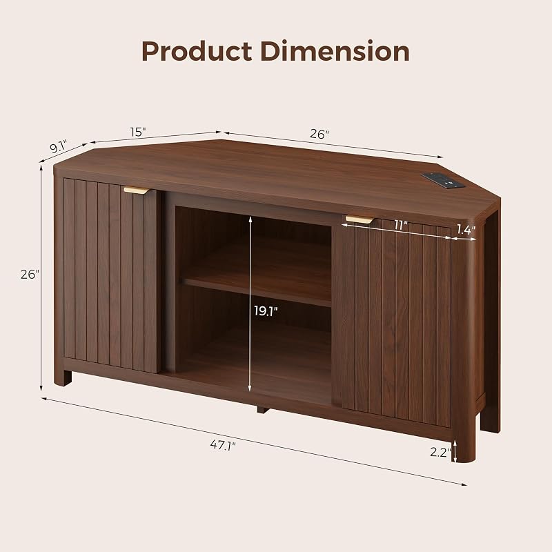 Corner TV Stand for 55" TV, Mid Century Modern Entertainment Center, Walnut image 6