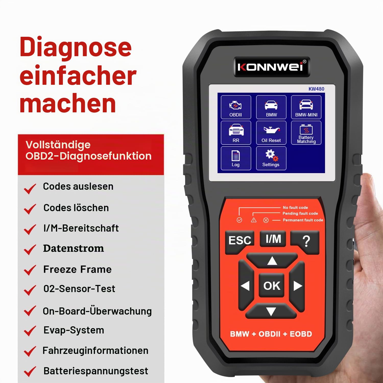 KONNWEI KW480 OBD2 Diagnosegerät für Auto, Fehlerauslesegerät mit Echtzeitdaten & Vollständigen OBDII-Funktionen,OBD KFZ Diagnose für BMW und Alle Fahrzeuge ab 2002,Unterstützt OBD2/EOBD