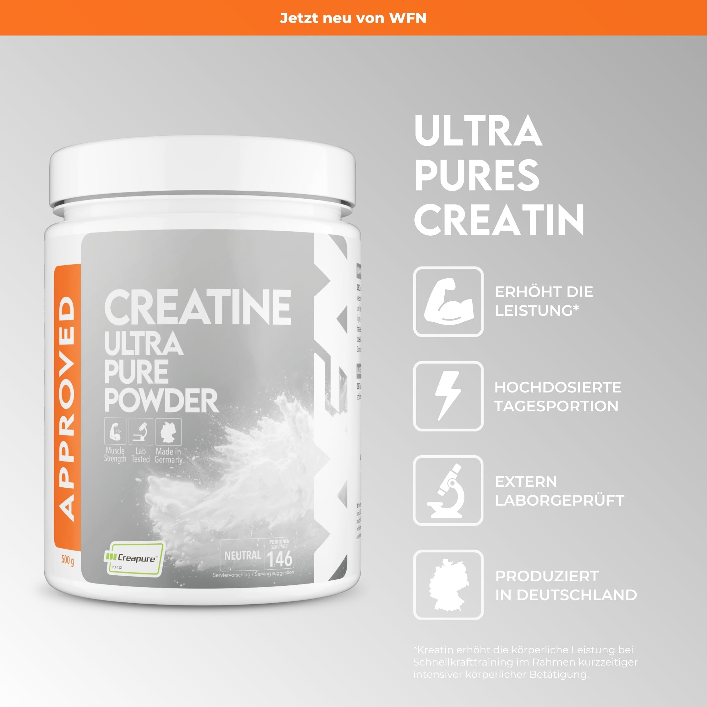 WFN Approved Creatine - Creapure - Creatin Monohydrat Pulver - 500g Dose - Reines Kreatin Pulver - Vegan - Neutral & Ohne Zusätze - 146 Portionen - Made in Germany - Extern laborgeprüft