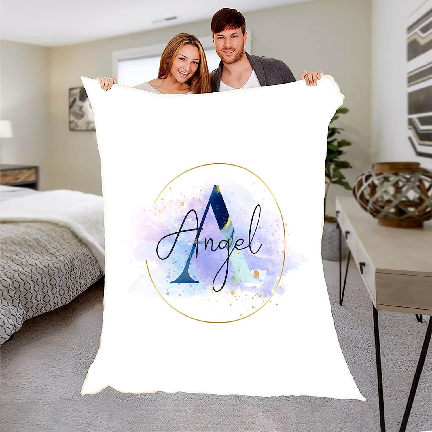 Manta personalizada con nombre de patrón de acuarela para niños y niñas, manta de forro polar con nombre personalizado para hijo e hija de parte de mamá, manta de forro polar con nombre personalizado