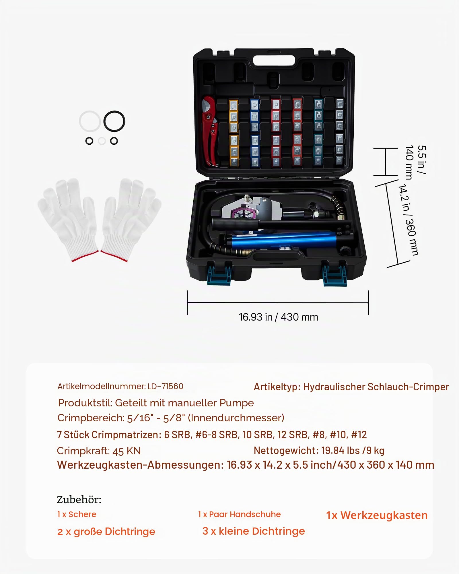 VEVOR Hydraulikschlauch-Crimpzange, Hydraulikschlauchpresse mit 7 Snap-On-Einsätzen & Tragekoffer, für Klimaanlagenschläuche zur Reparatur von Fahrzeugen & Klimaanlagen (mit Handpumpe)