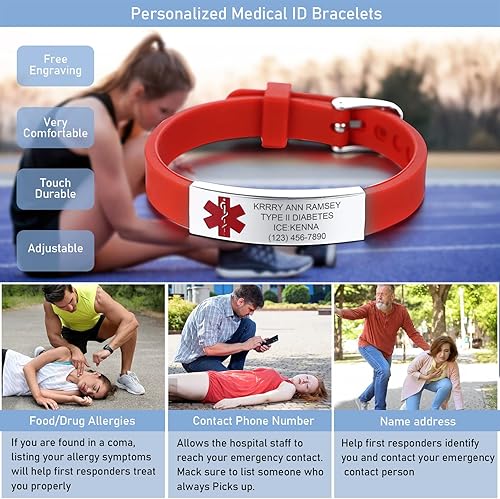 Miniatura 5 de Pulsera ajustable de acero inoxidable y silicona negra con hebilla de cinturón ajustable de alerta médica para hombres y niños