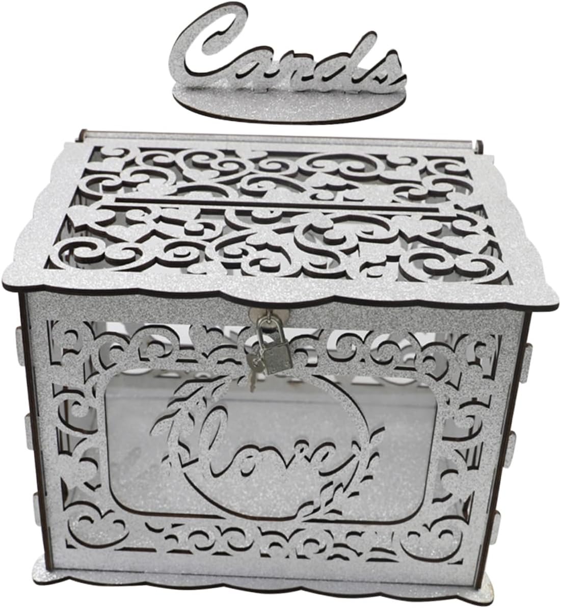 Wooden Hollow Card Box with Lock Greeting Card Holder for Wedding Reception and Birthday Party