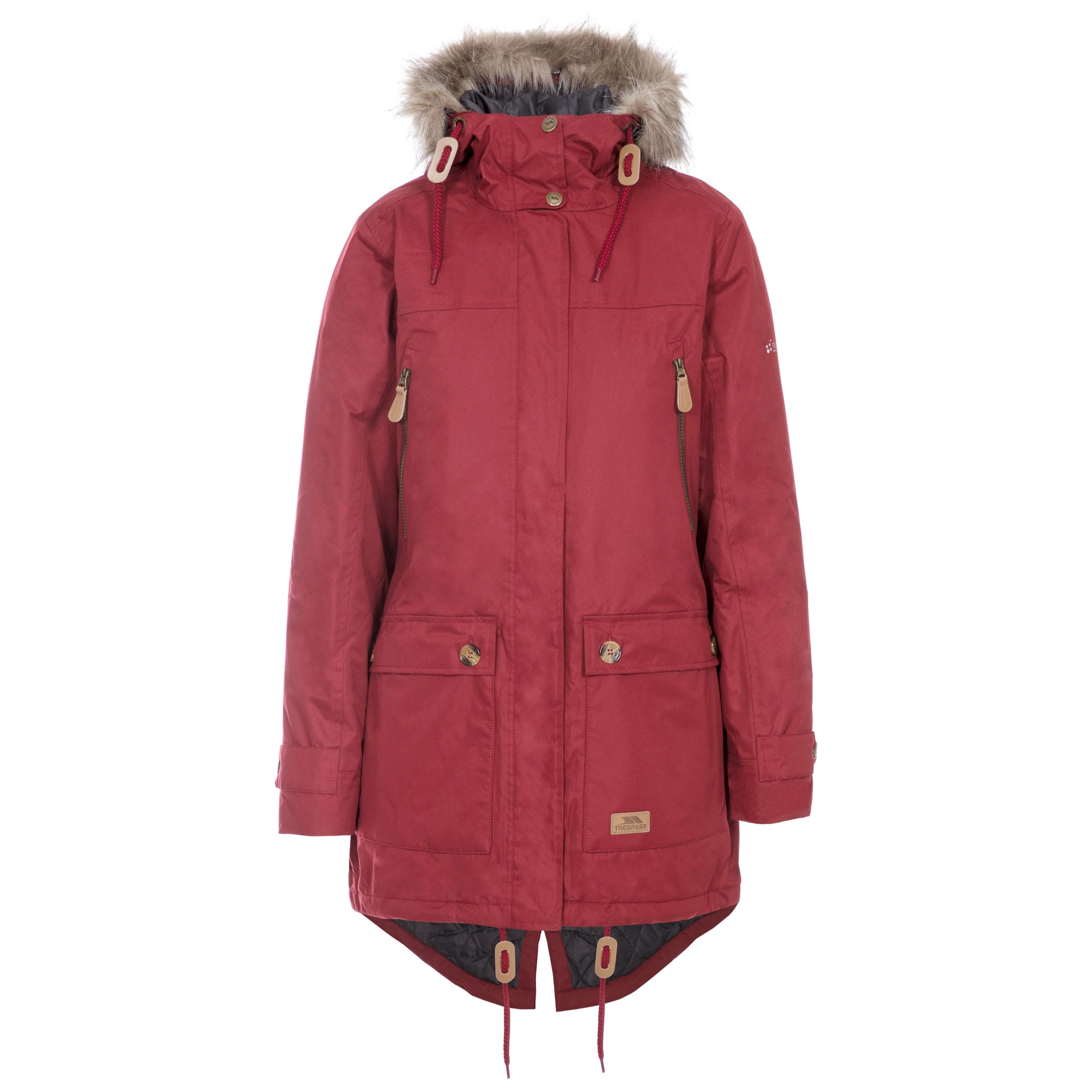 Trespass Womens Parka Jacket Clea - Waterproof, Lightly Padded, Removable Hood Fur Trim, 2 Patch Pockets with Flaps, 2 Zip Pockets, Longer Length, Adjustable Hood