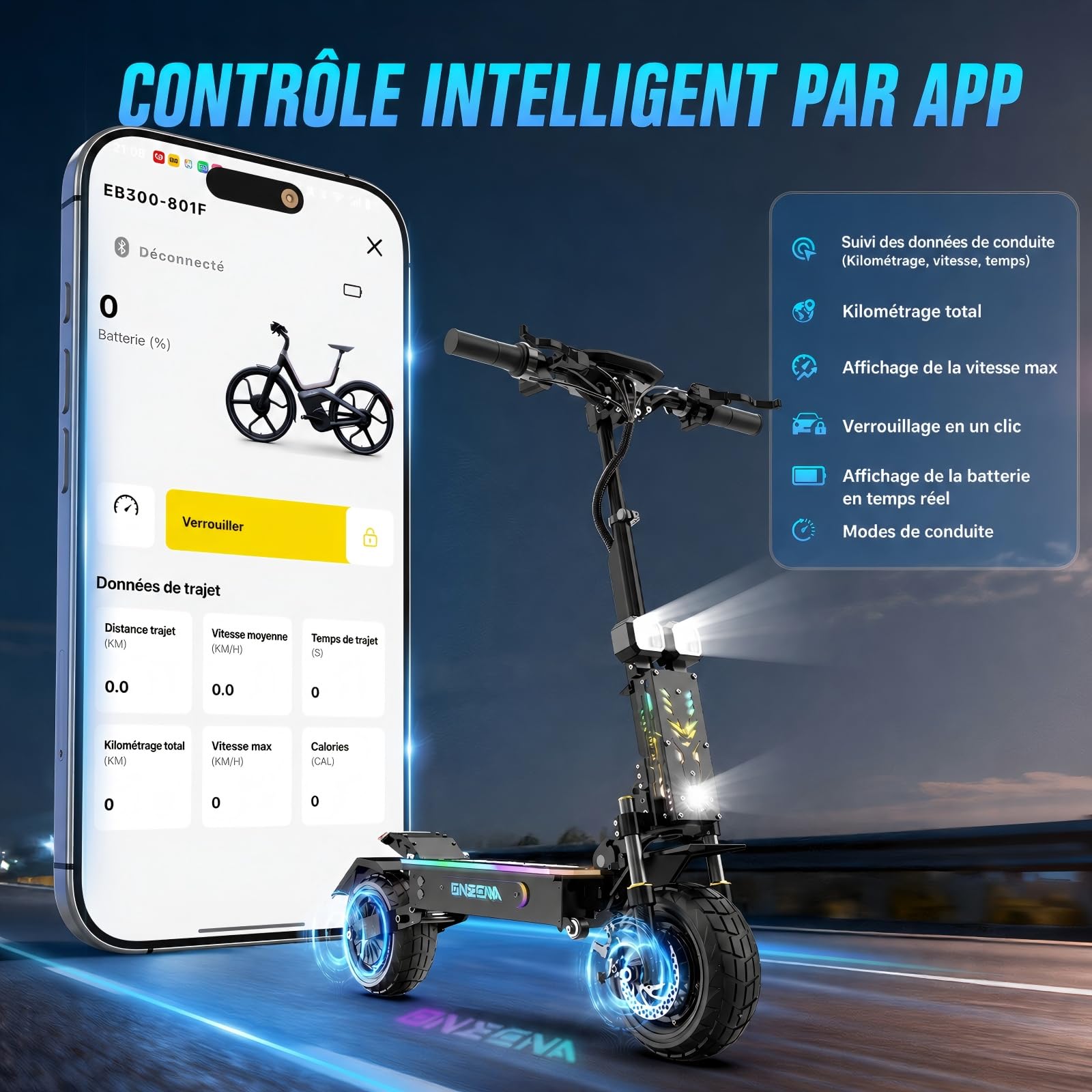 Trottinette Électrique Tout Terrain, Scooter Électrique Adulte, Double Moteur, Batterie 60V 27Ah, Autonomie 120 km, Pneus Tubeless 11 Pouces, Freins Hydrauliques, NFC, Charge Max 150 kg