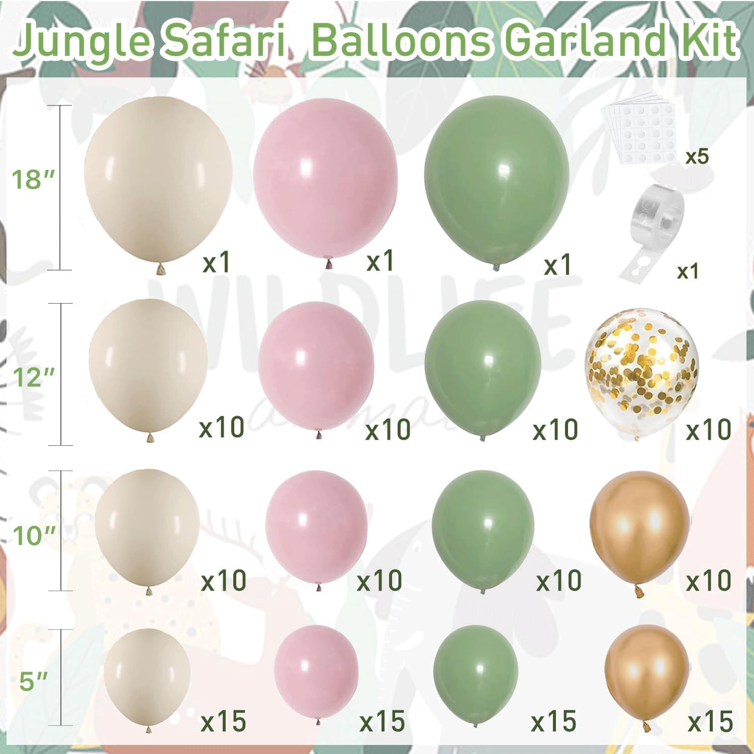 Zestaw łuków balonowych w kolorze zielono-różowego szałwia, oliwkowozielony, jasnoróżowy, piaskowy, biały, rumieniec, metaliczne złote balony ze złotymi balonami z konfetti, na urodziny, las, baby