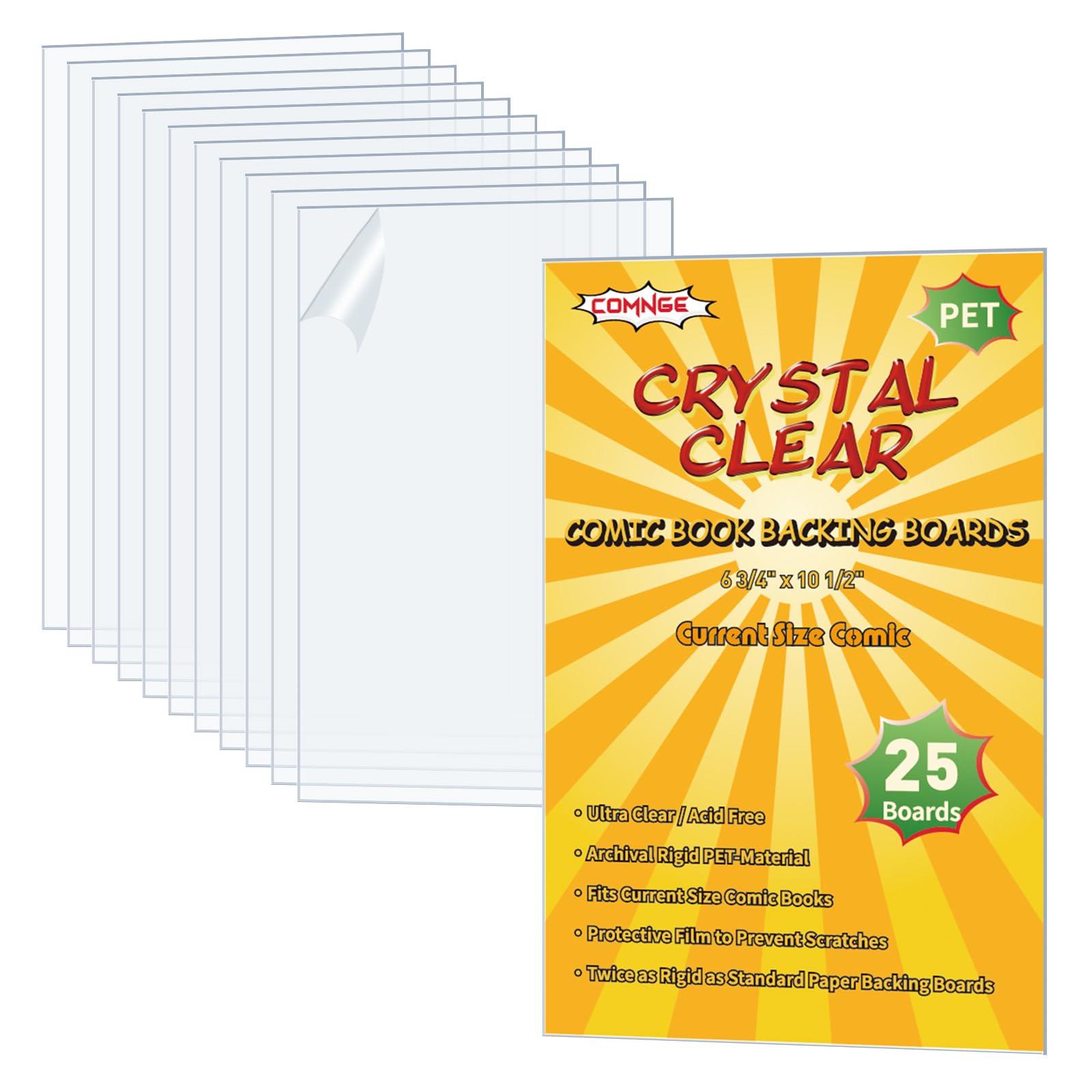 25ct PET Current Comic Book Boards – 6 3/4" x 10 1/2" Acid-Free Ultra Clear Rigid Plastic Comics Board, for Displaying Double-Sided Cover Art, Fits
