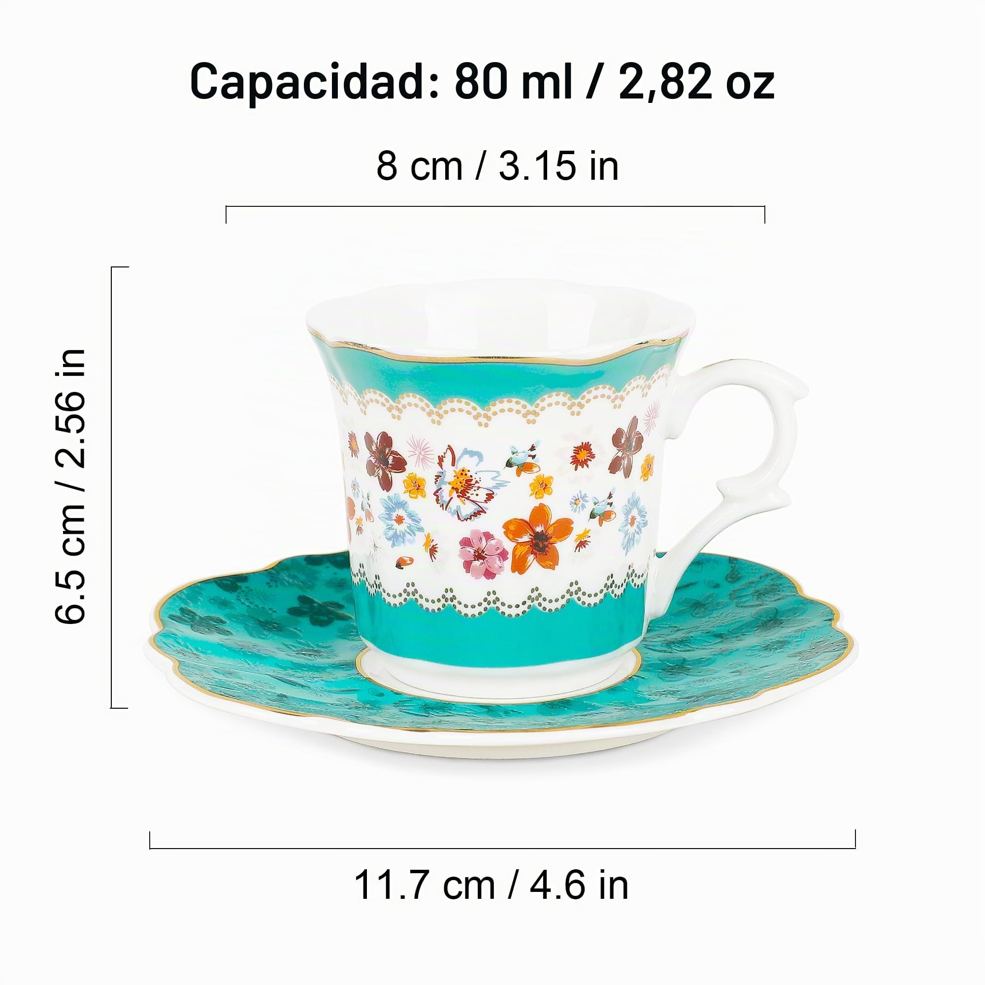 fanquare 80ml tazas de espresso vintage juego de 6, 12 piezas tazas de espresso de cerámica y platillos, verde y patrón de flores tazas para el bar en casa