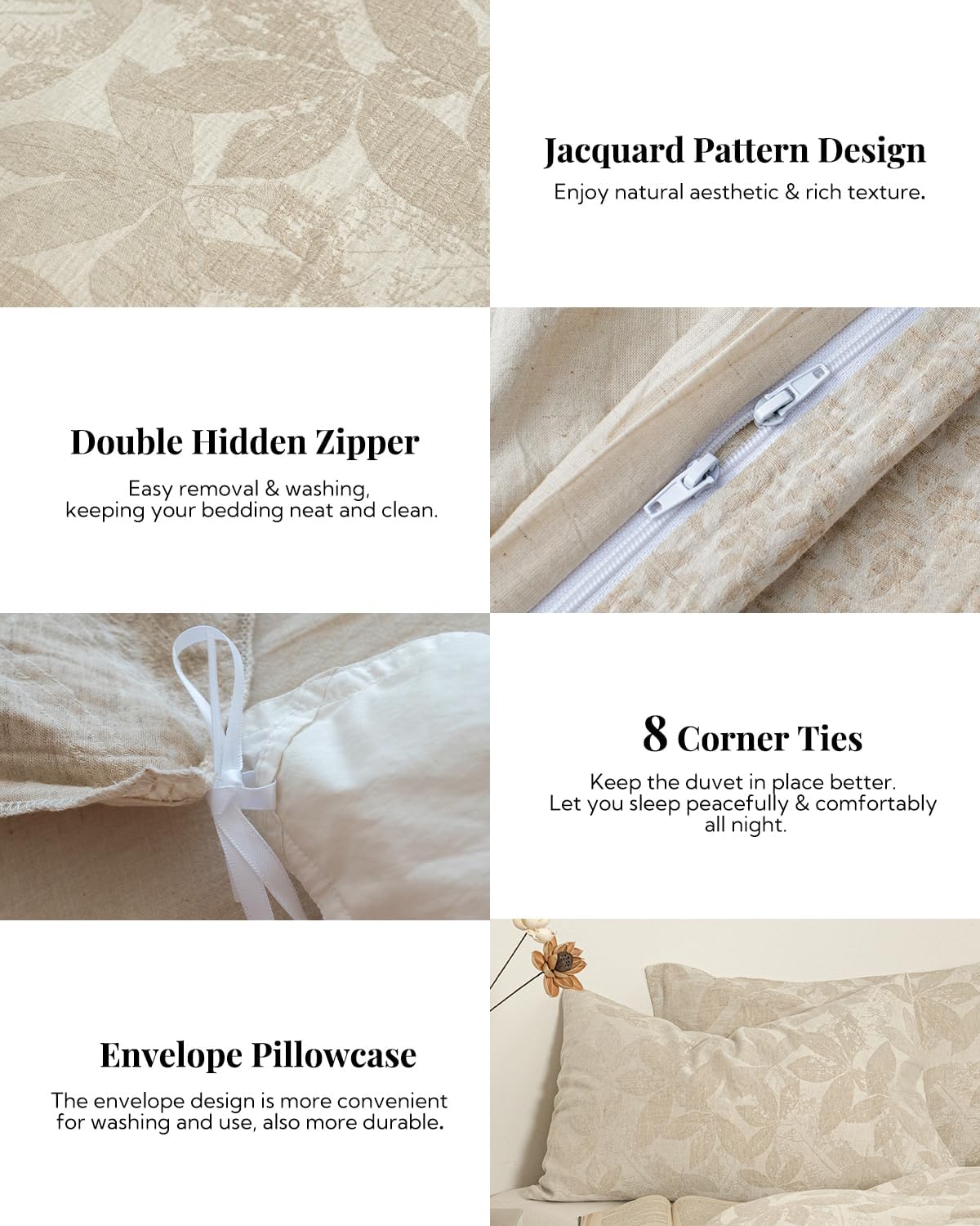 MILDLY Linen Cotton Duvet Cover - Jacquard Textured Leaves Comforter Cover Set 3pcs with Zipper Closure Breathable & Minimalist for All Season - Image 3