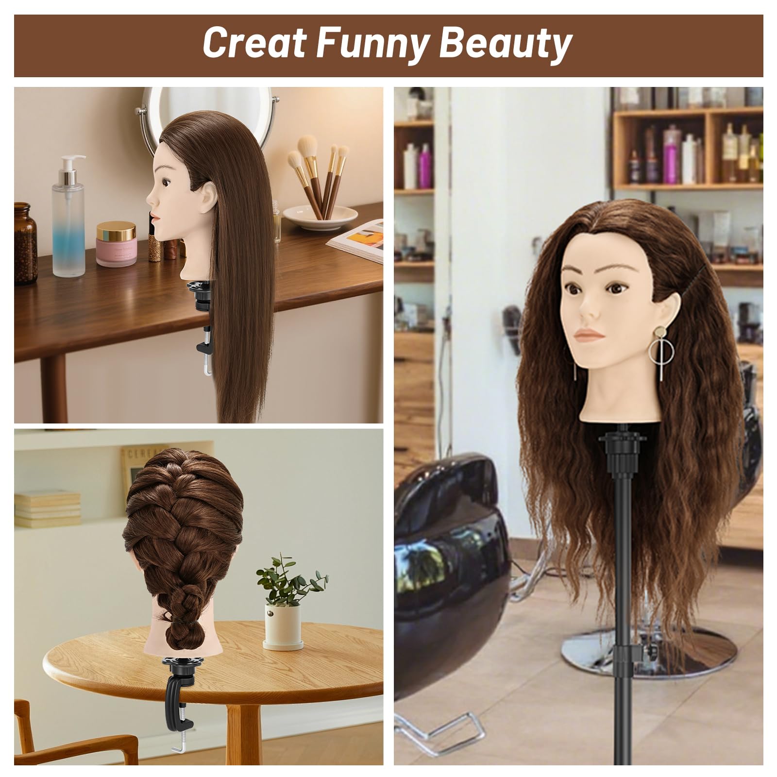 Frisierkopf, Frisierkopf mit 90 % Echthaar, 61 cm, Puppenkopf für Haarstyling, Kosmetologie und Training, Stylingkopf mit Tischklemmenhalter, Braun