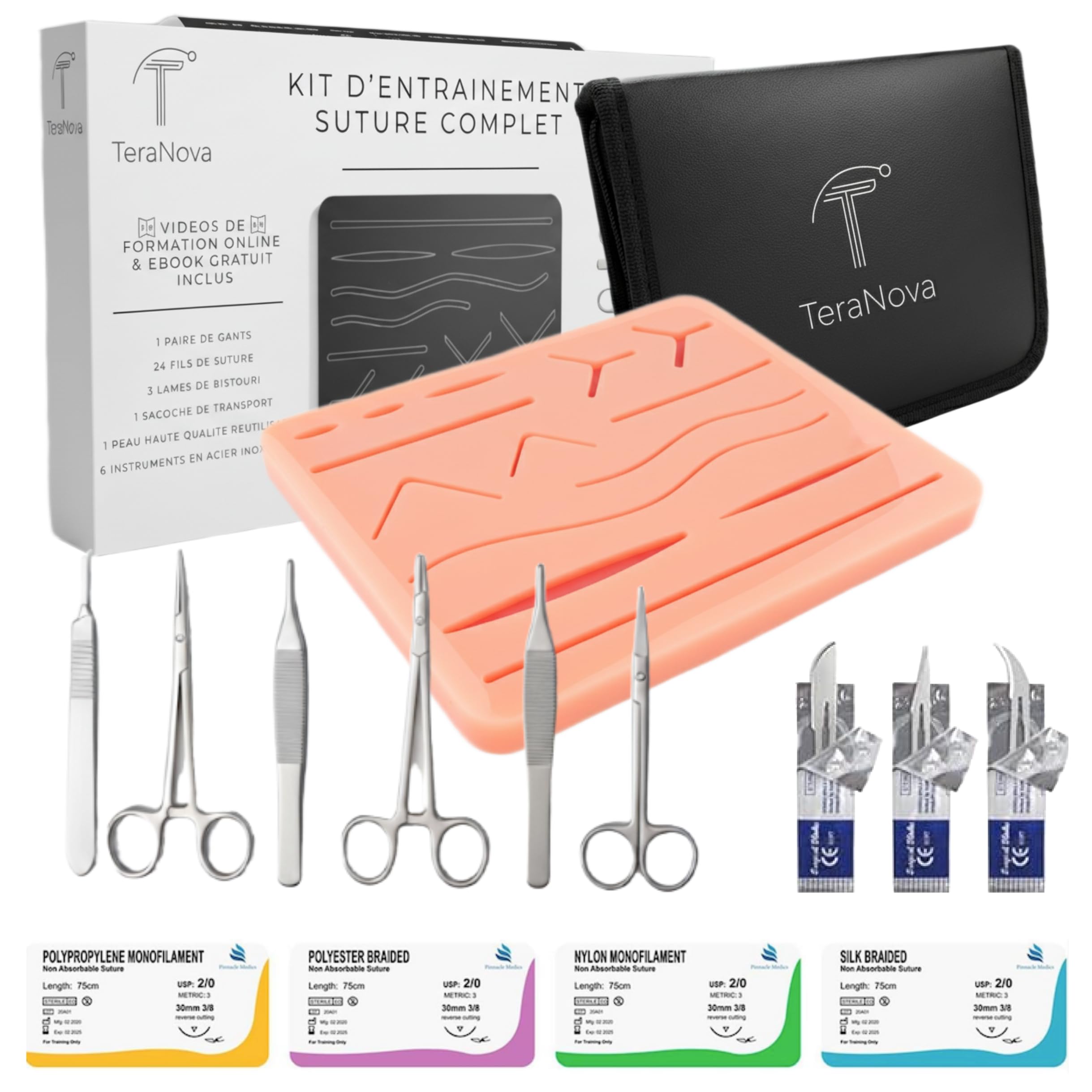 Kit di Sutura Completo 33 Pezzi per Studenti di Medicina, Infermieristica e Veterinaria – Cuscinetto Silicone 3 Strati con 14 Ferite, 6 Strumenti, 24 Fili (4 Tipi), 3 Lame, Ebook e Corso Video
