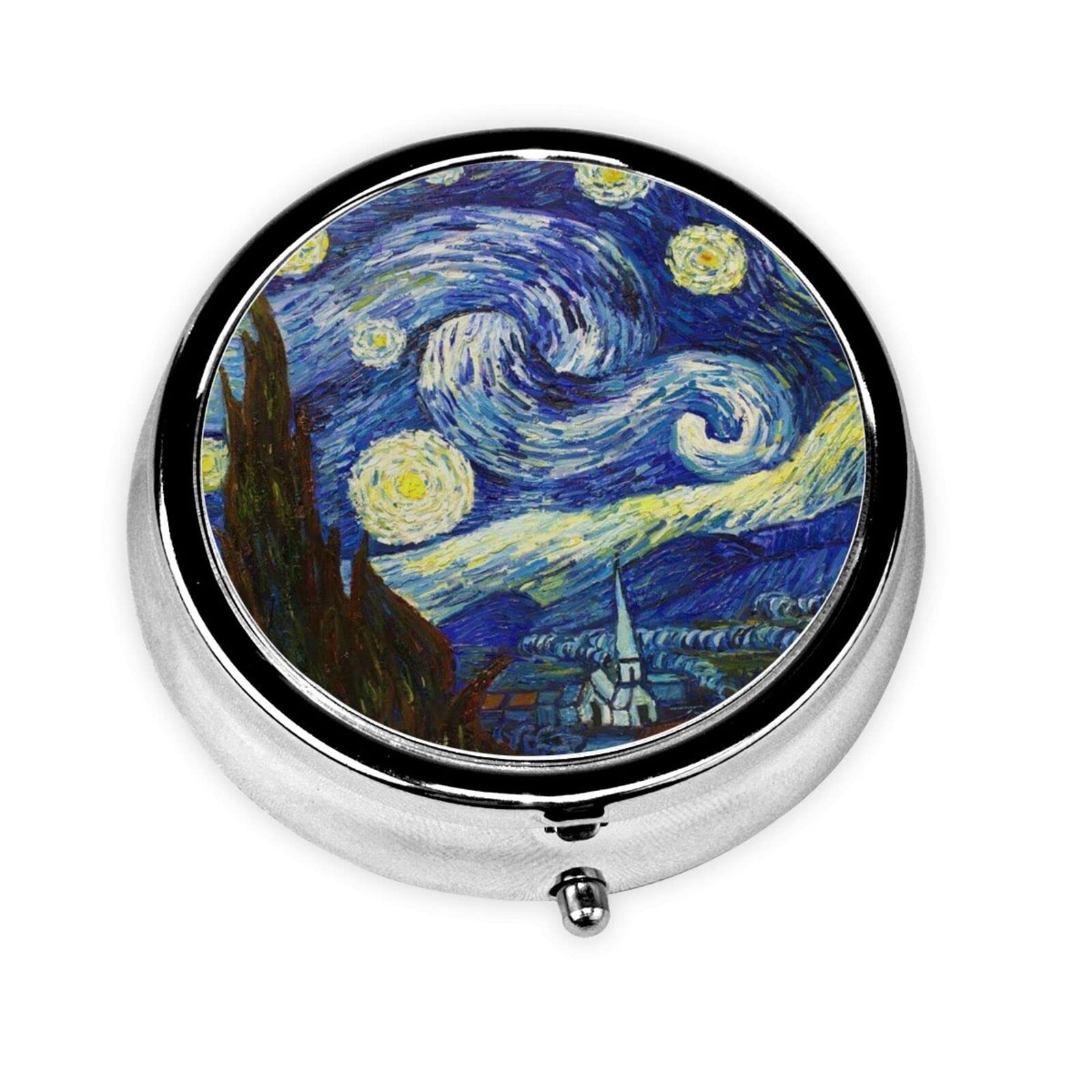 Van Gogh The Starry Night Pill Box for Women Men 2 Inch Round Travel Metal Pill Box for Pocket Wallets Purse Daily Portable Large Compartments Storage Pill Box Personlized Lids