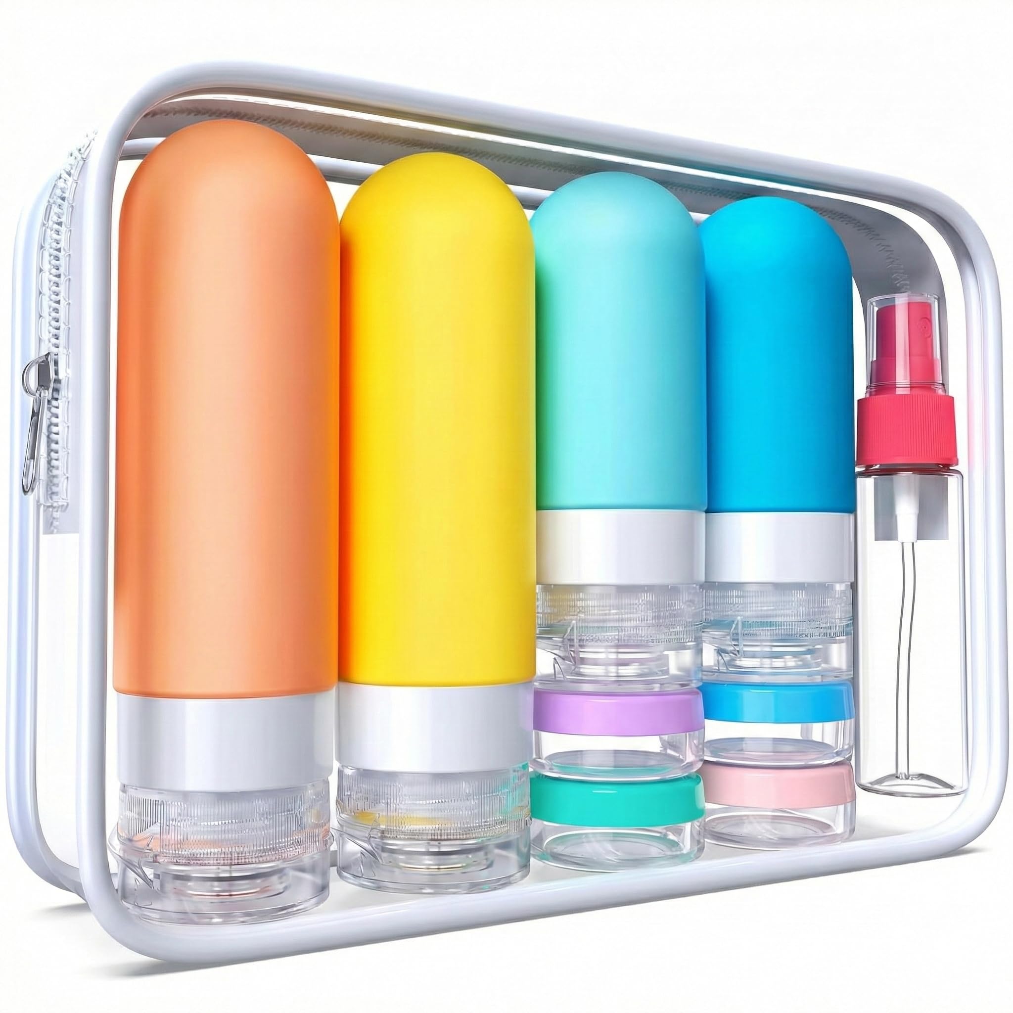 Laxen 16 Pack Travel Bottles for Toiletries, Leakproof Silicone Refillable Set with Clear Toiletry Bag, Cabin Size Carry On Flight Essentials, TSA Approved for Shampoo, Lotion & Cream