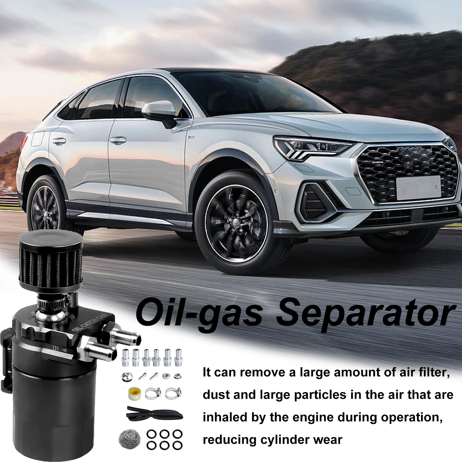 Oil Catch Can Auto,300ml Reniflard D'huile Auto,Aluminium Voiture Réservoir,Universel Séparateur Bidon Huile,Récupérateur Huile Moteur avec Filtre à Air,Tuyau et Autres Accessoires pour Une Variété