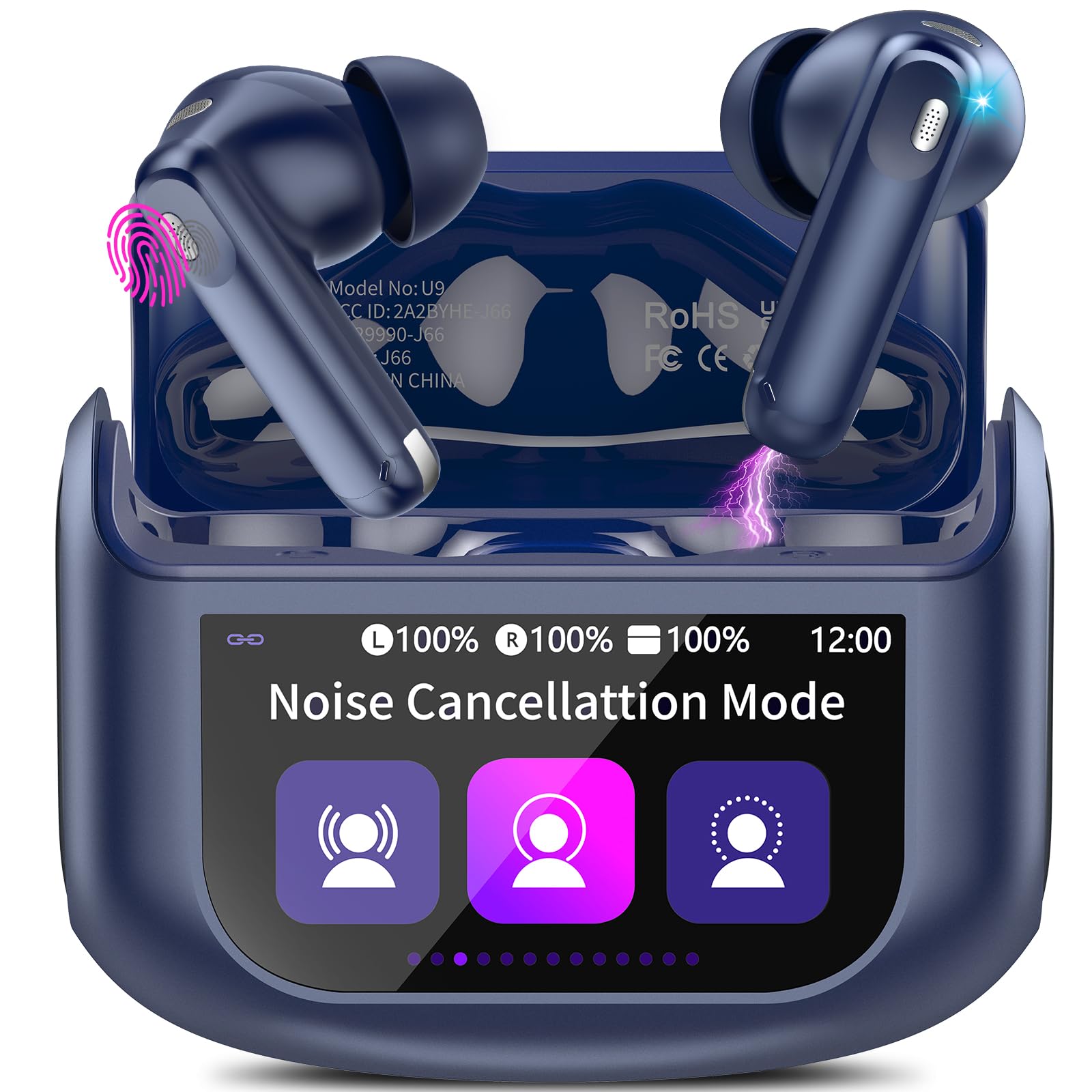 Touchscreen Bluetooth Kopfhörer, In Ear Kopfhörer Kabellos Bluetooth 5.4 mit ANC+ENC Noise Cancelling Mic, 48Std Spielzeit Tiefer Bass Earbuds mit 5 EQ-Modi/IPX7 Wasserdicht Ohrhörer, USB-C Violett