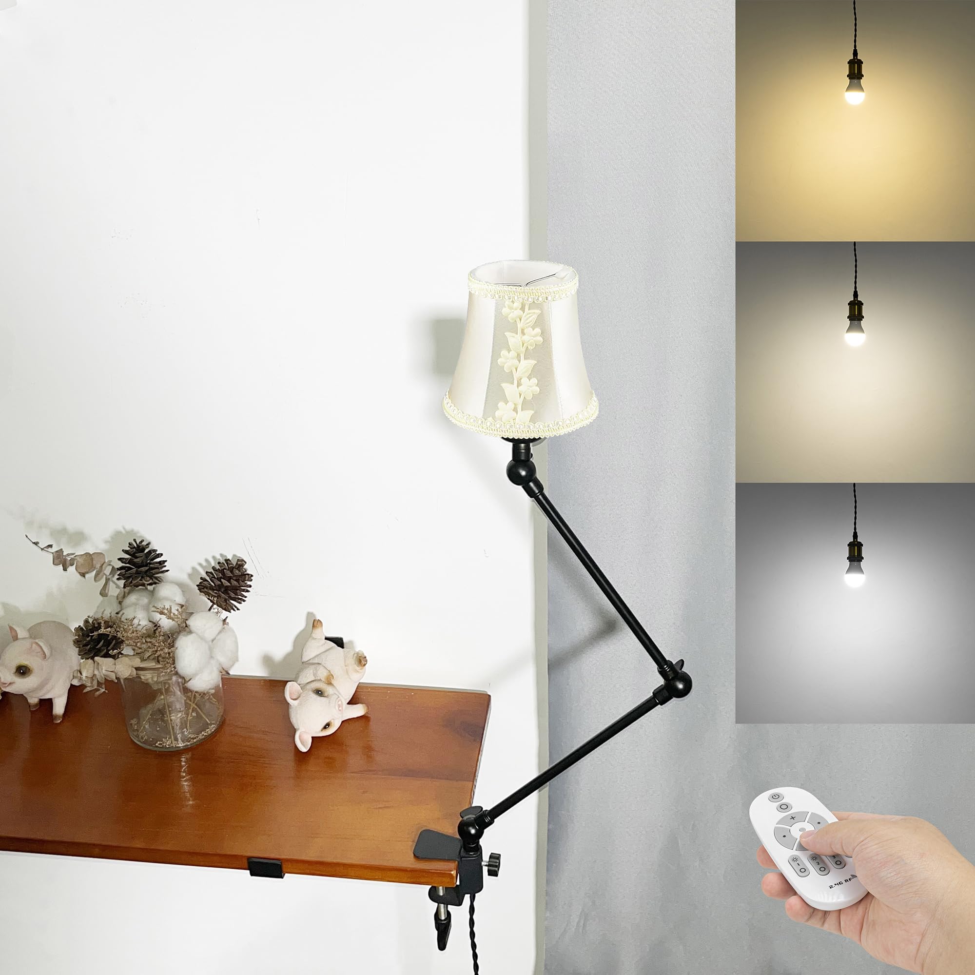 Klemmleuchte mit Fernsteuerung,1 Packung Leselampe mit 2,5 m Kabel, Dimmbar Nachttischlampe,Augenpflege Schreibtischlampe für Büro Heimgebrauch, E27 Lampenhalterung - DZ0332/14