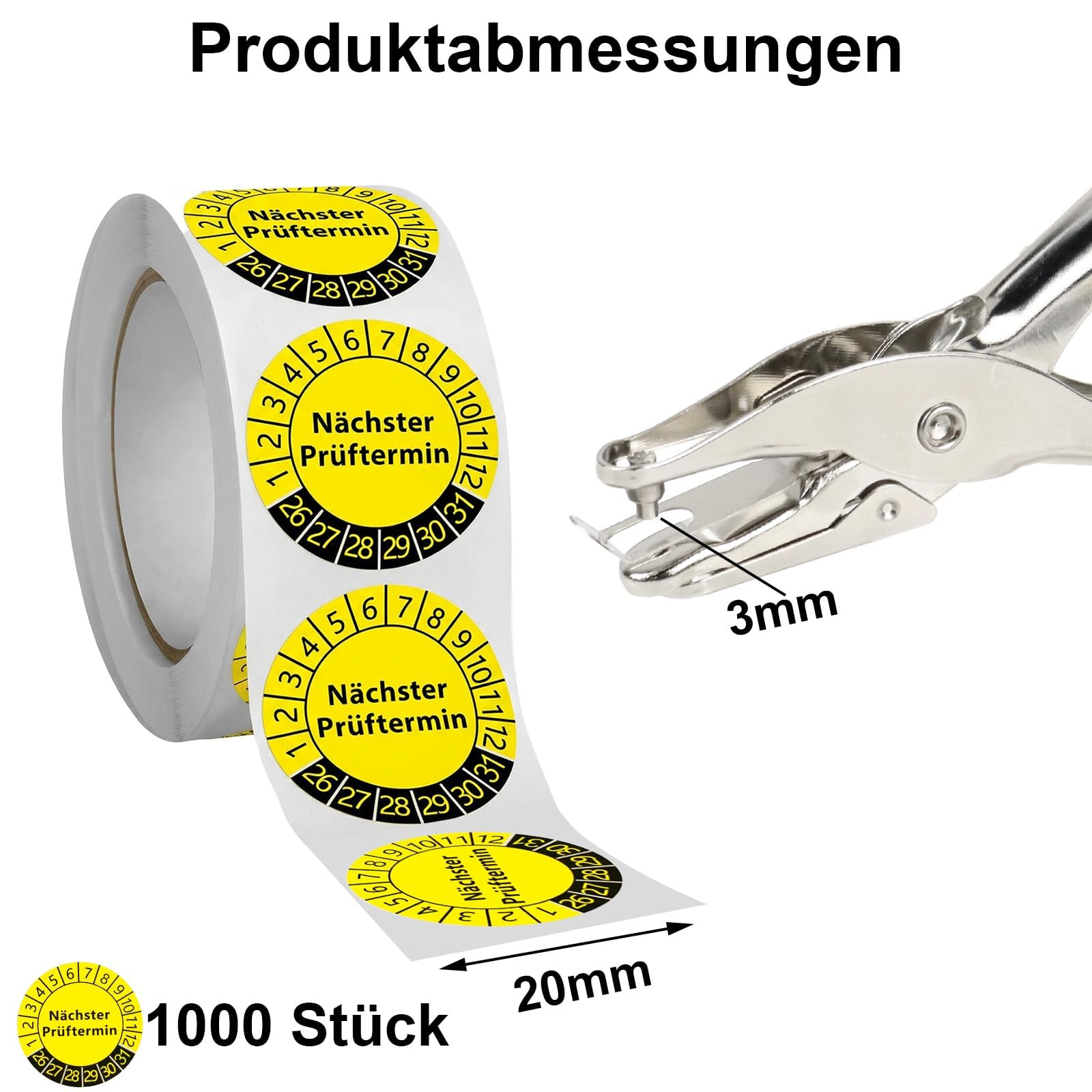 Produktbild von 1000x Prüfplaketten 30 Mm + Locher – Mehrjahresetiketten 2026-2031 – Für Leitern, Geräte & Wartung