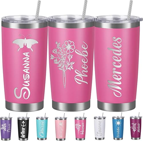 Miniatura 9 de Vaso personalizado personalizado grabado con nombre de flor de nacimiento personalizado de 20 onzas, vaso de café de viaje aislado de acero