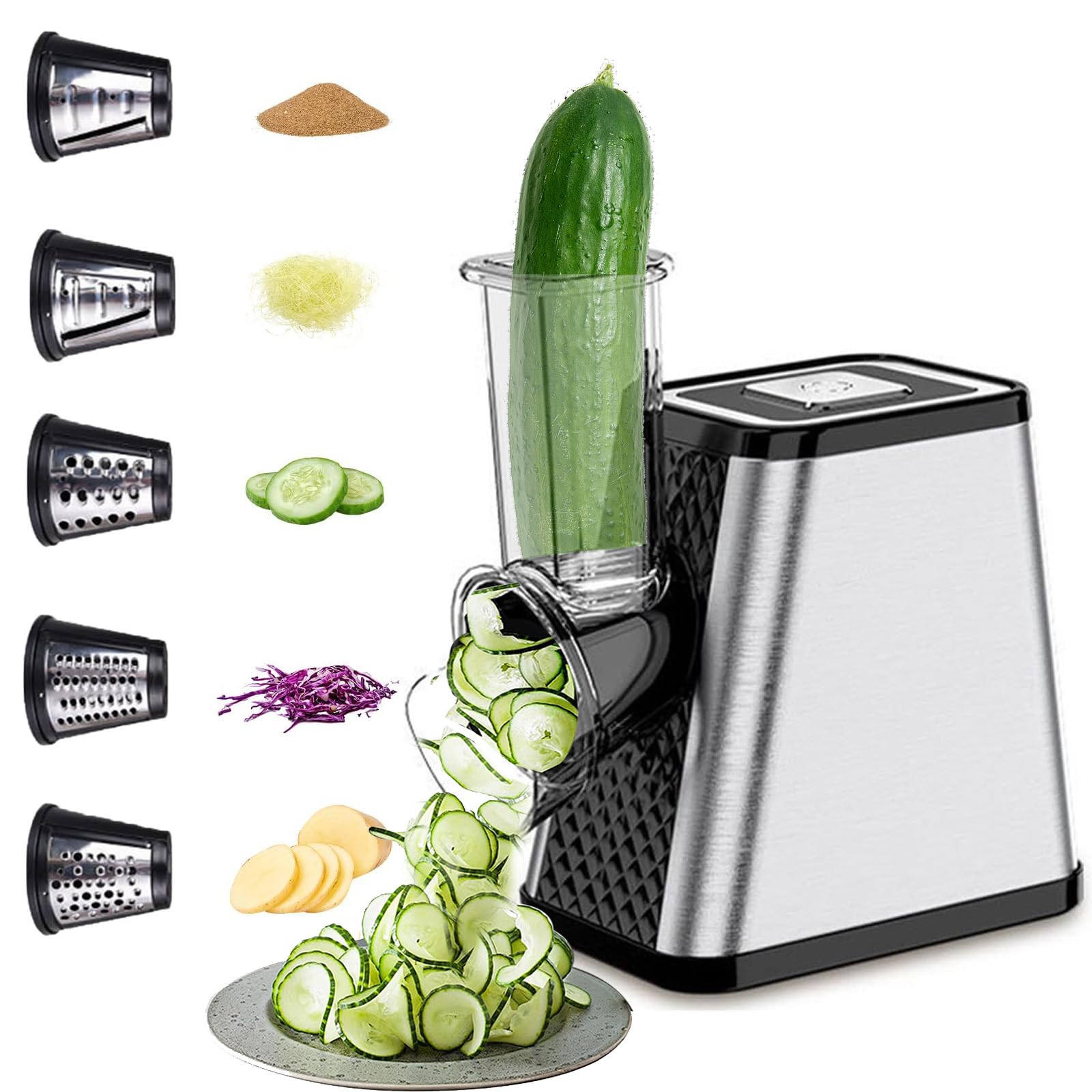 Cortador de verduras eléctrico 5 en 1, rallador de verduras profesional de acero inoxidable, multirallador de verduras para el hogar y la preparación de ensaladas, 500 W, rallador de cocina con 5