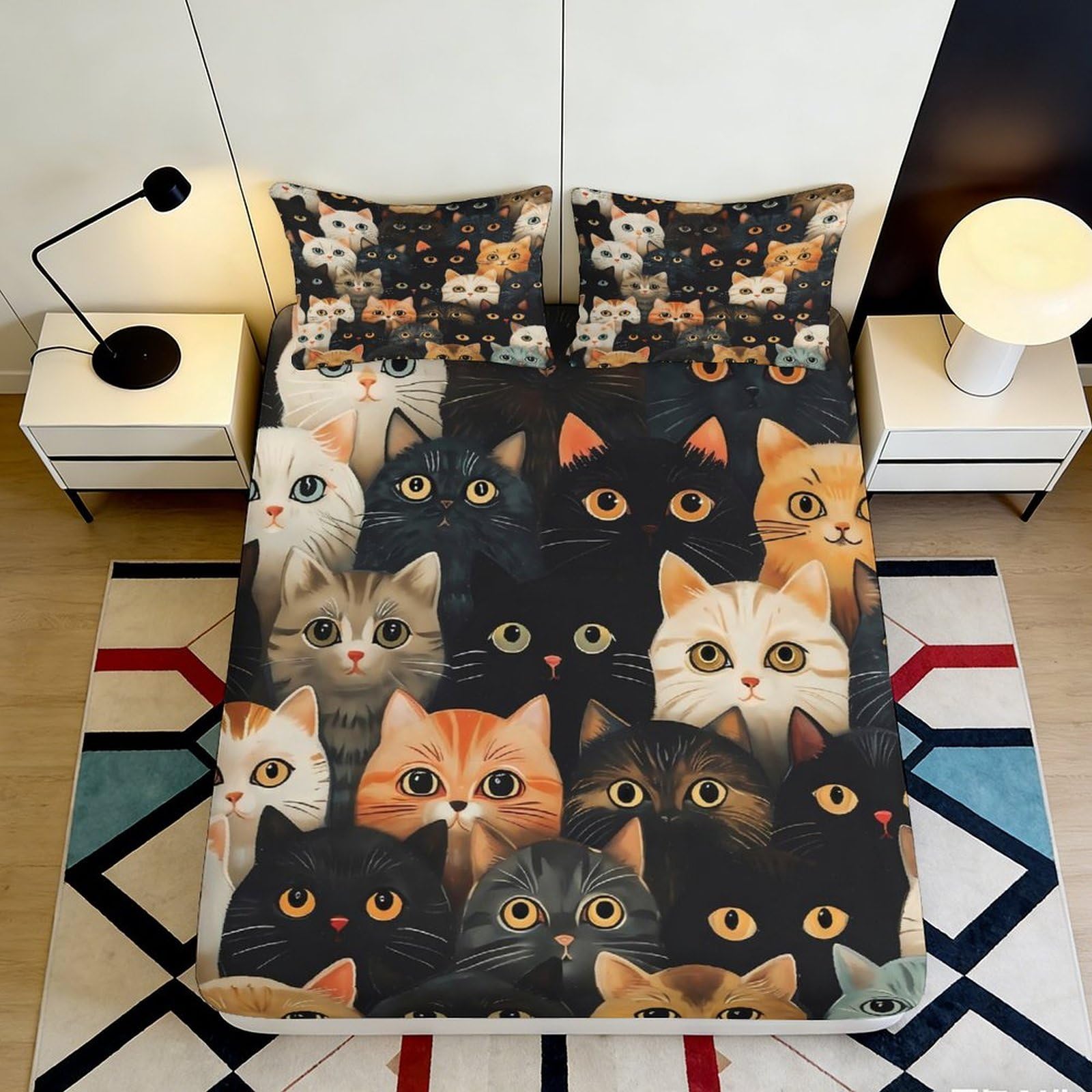 3D Printed Cartoon Cat Fitted Sheet Microfiber Soft Breathable Colorful Kitten Mattress Cover Bedroom Dorm Decor 160x200x25cm