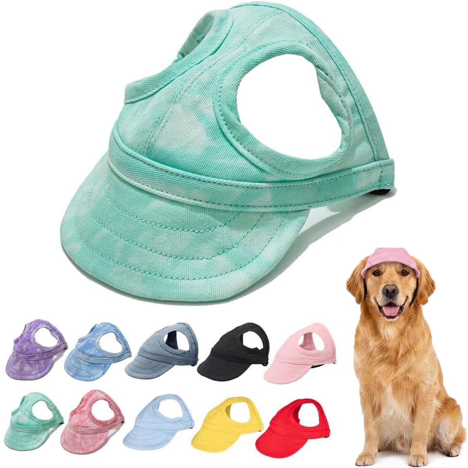 Dog Baseball Cap for Small Medium Dogs, Breathable Canvas Pet Sun Hat with Ear Holes, Adjustable & Anti-Slip Outdoor Visor (Cloud Green,Medium)