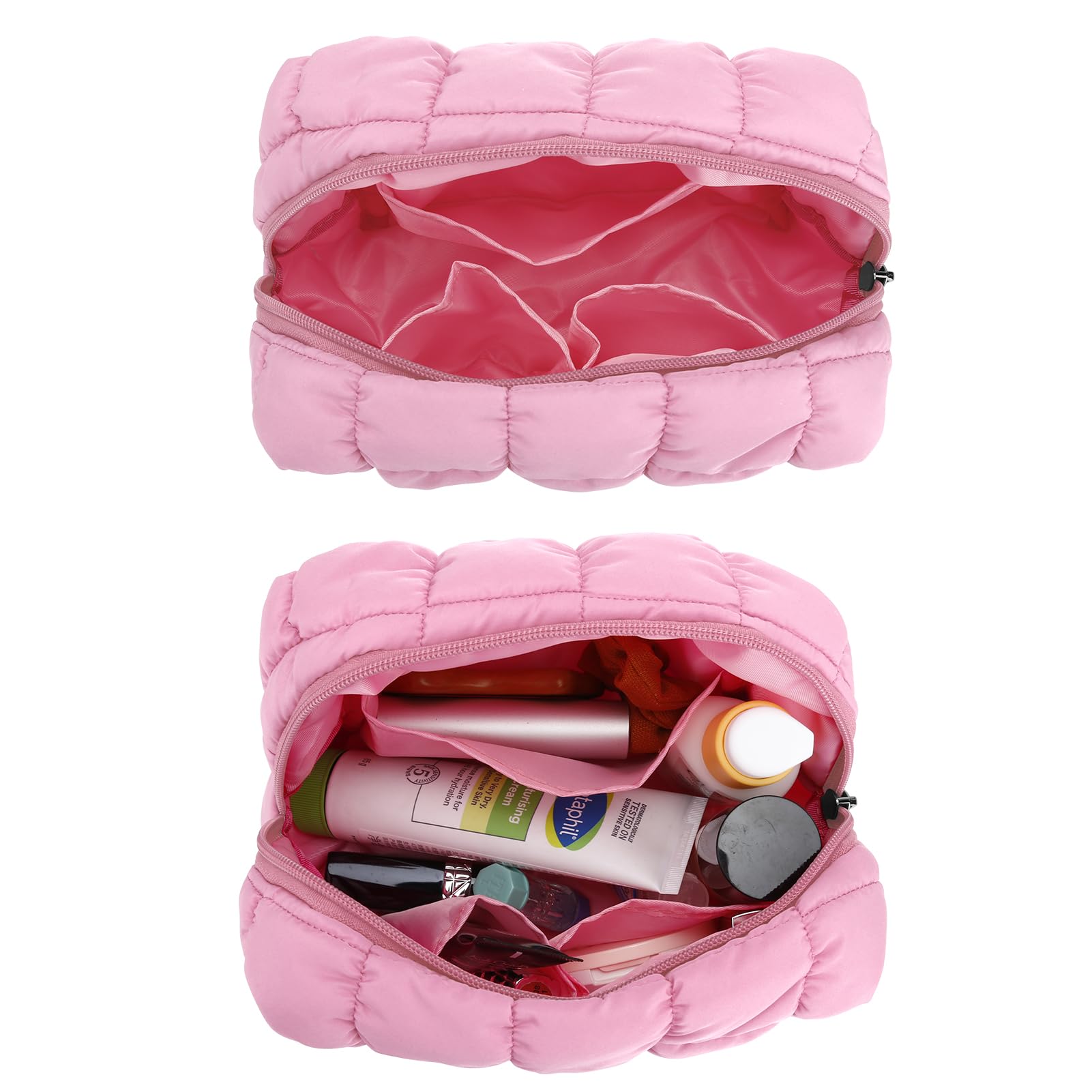 DOB SECHS Small Travel Makeup Bag Puffy Quilted Cotton Make Up Cosmetic Organizer Toiletry Bags Cute Zipper Pouch for Women Girls (CottonBag01-Pink) - Image 4
