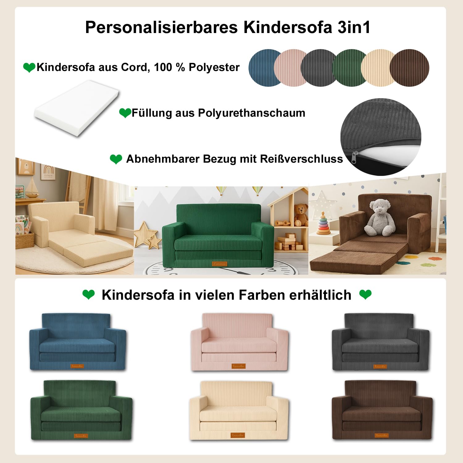3in1 Kindersofa, Cord Spielsofa, Schlafsofa und Klappsofa, Personalisierbar, EU-Herstellung, (Blau)