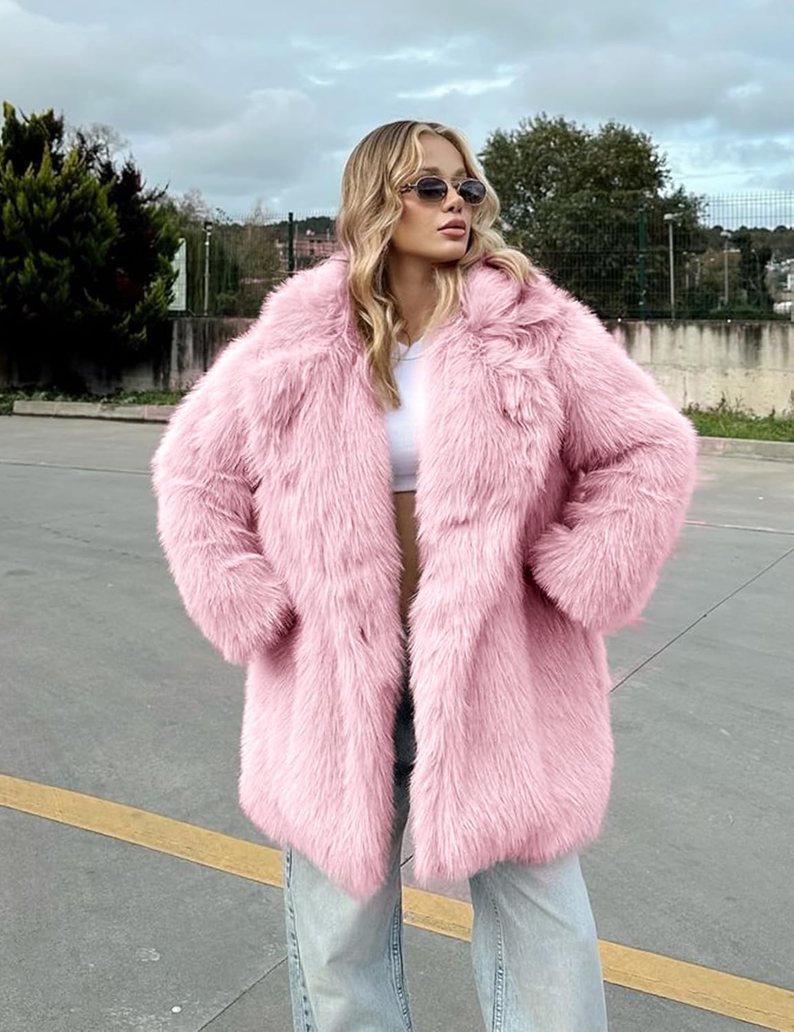 COZYPOIN Womens Faux Fur Coats Warm Mid Long Furry Jackets Long Sleeve Lapel Winter Fluffy Outerwear Shaggy Parka Coat - Image 3