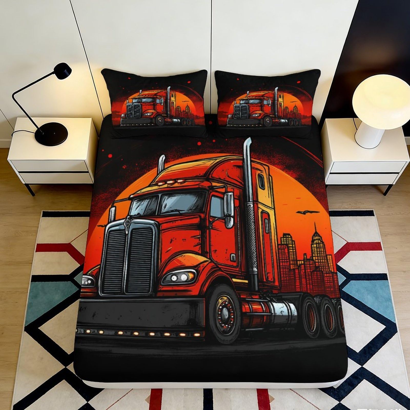 3D Printed Red Truck Fitted Sheet Microfiber Soft Breathable Sunset City Mattress Cover for Bedroom Dorm Decor 90x200x25cm
