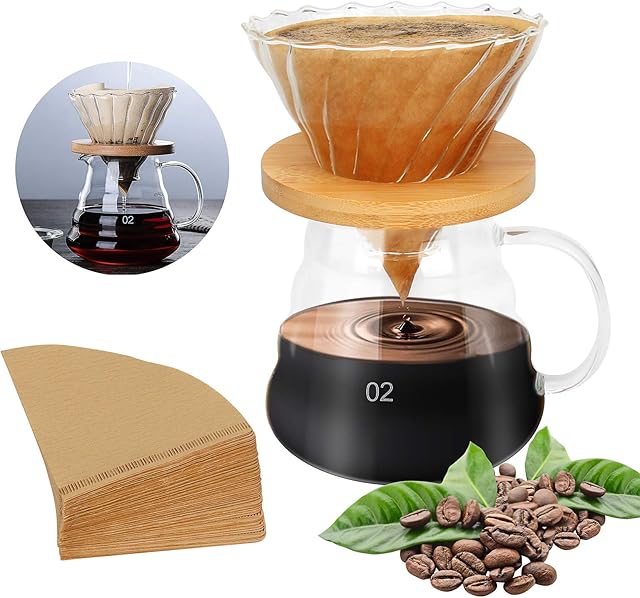 Bestcool Pour Coffee Maker, 500ml Manual Coffee Dripper Brewer Coffee Range Server with Handle and Glass Filter Borosilicate Glass Carafe, Free 100pcs Filter Paper